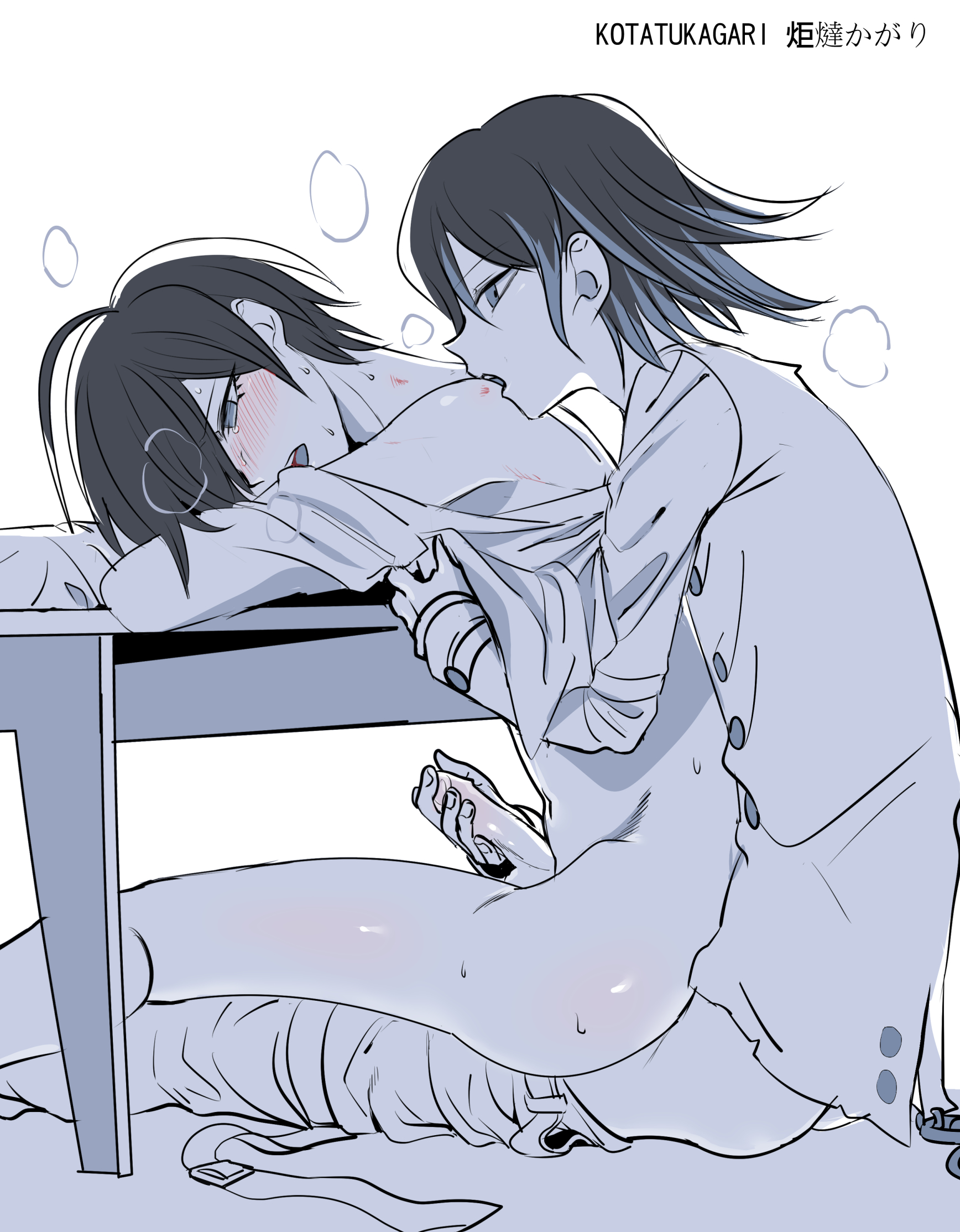 2boys, anal, blush, bottomless, danganronpa, danganronpa v3, erection, erection while penetrated, femboy, from behind, gay, girly, handjob, heavy breathing, hickey, kuangtai, male, male only, male/male, open mouth, ouma kokichi, pants down, penis, reaching out, saihara shuuichi, shirt lift, shirt up, sitting, sitting on lap, sitting on person, straight hair, sweat, table, visible breath, yaoi