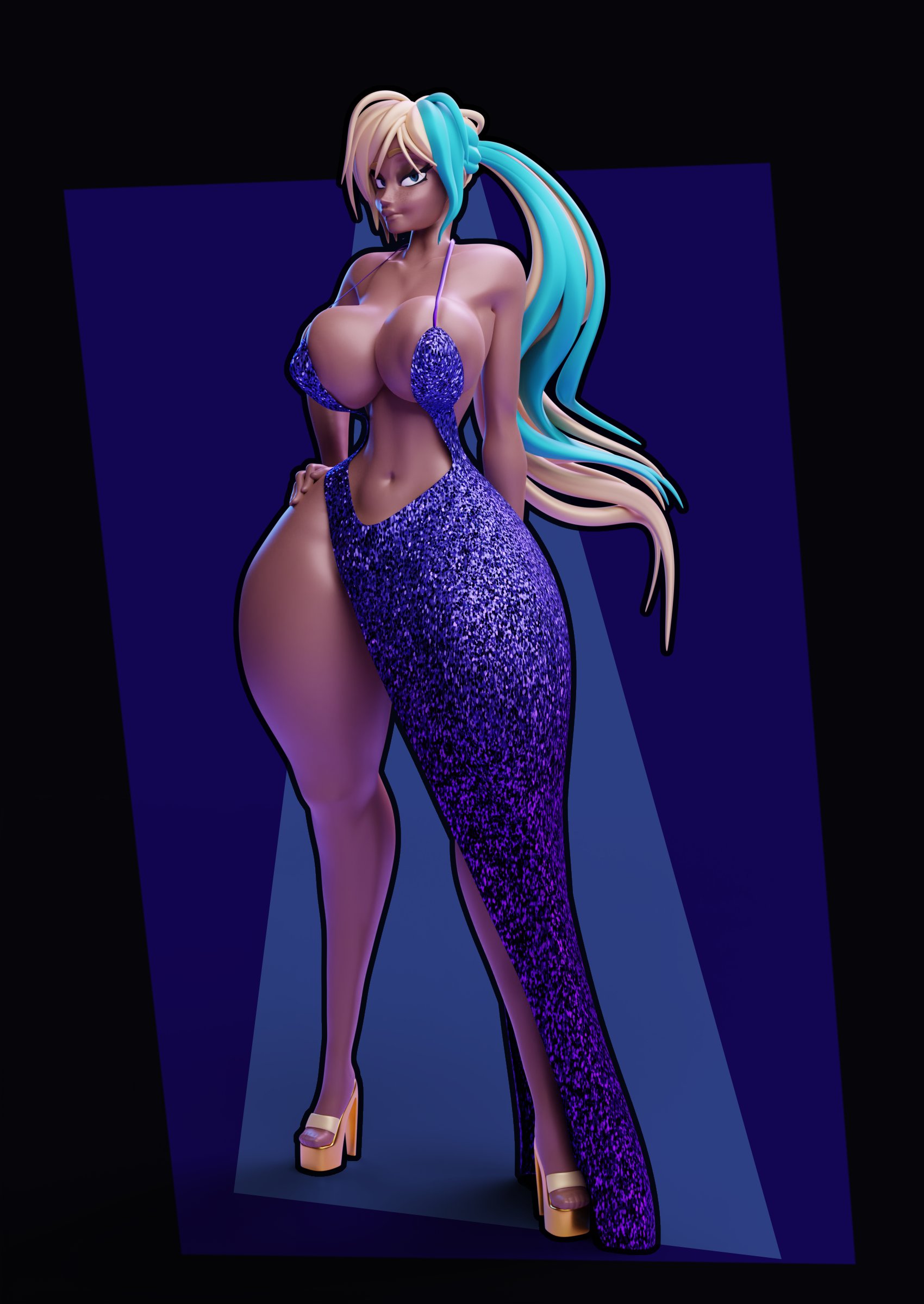 1girls, 3d, 3d (artwork), big breasts, blonde hair, blue dress, breasts, carol (carro3dsculpts), carro3dsculpts, clothed, clothing, daphne dress, dark skin, dark-skinned female, dress, female, hand on hip, high heels, long hair, navel, no bra, original, original character, revealing clothes, standing, thick thighs, voluptuous, wide hips