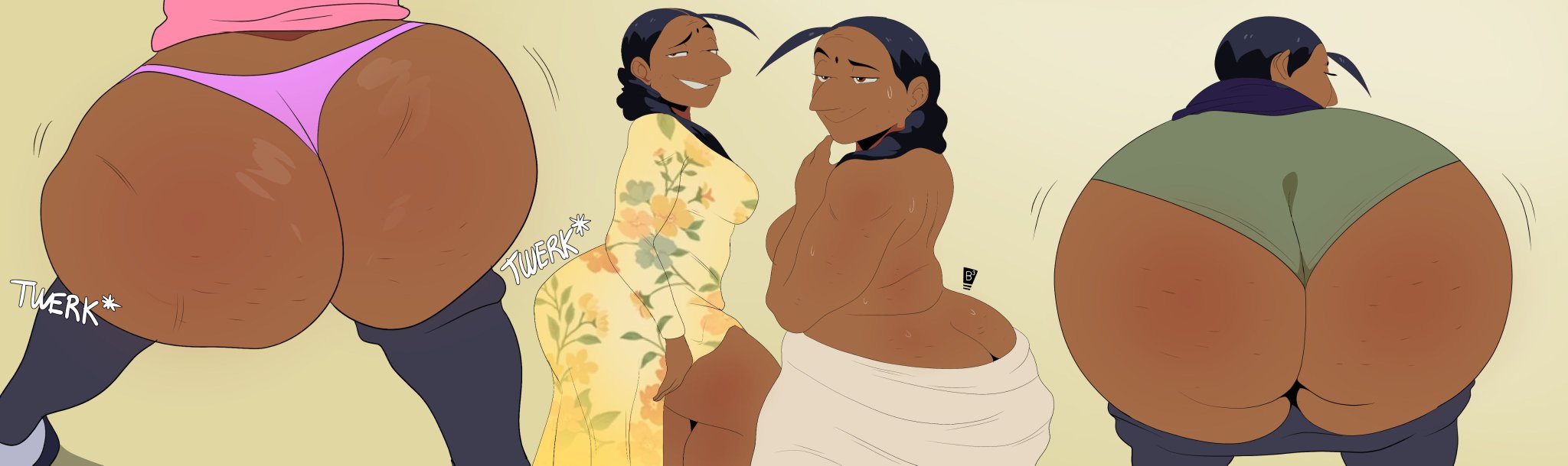 1girls, 2d, 2d (artwork), ass, ass clapping, ass cleavage, ass crack, ass in dress, back view, barrybbeesly, big ass, bindi, black legwear, butt crack, cellulite, dark skin, dark-skinned female, female, female focus, female only, green panties, huge ass, huge butt, indian, indian female, leggings, original character, pink panties, sabahda, shaking ass, solo, sundress, towel, towel around waist, twerking