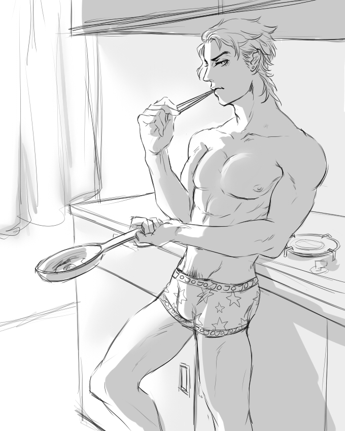 1boy boxers boxers_only bulge chopsticks eating_food erection_under_clothes holding_object jojo's_bizarre_adventure jotaro_kujo kitchen less_end male male_only muscular_male pubic_hair seductive seductive_look skillet solo solo_male stardust_crusaders