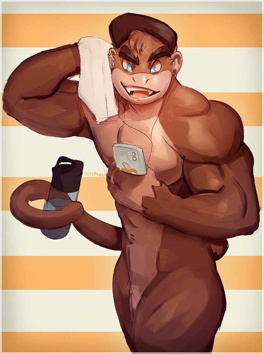 anthro biceps blue_eyes brown_body brown_fur cellphone clothing ear_piercing ear_ring fangs fur haplorhine hat headgear headwear hi_res male mammal monkey muscular muscular_anthro muscular_male nude open_mouth phone piercing prehensile_tail primate sleepymute smartphone solo towel