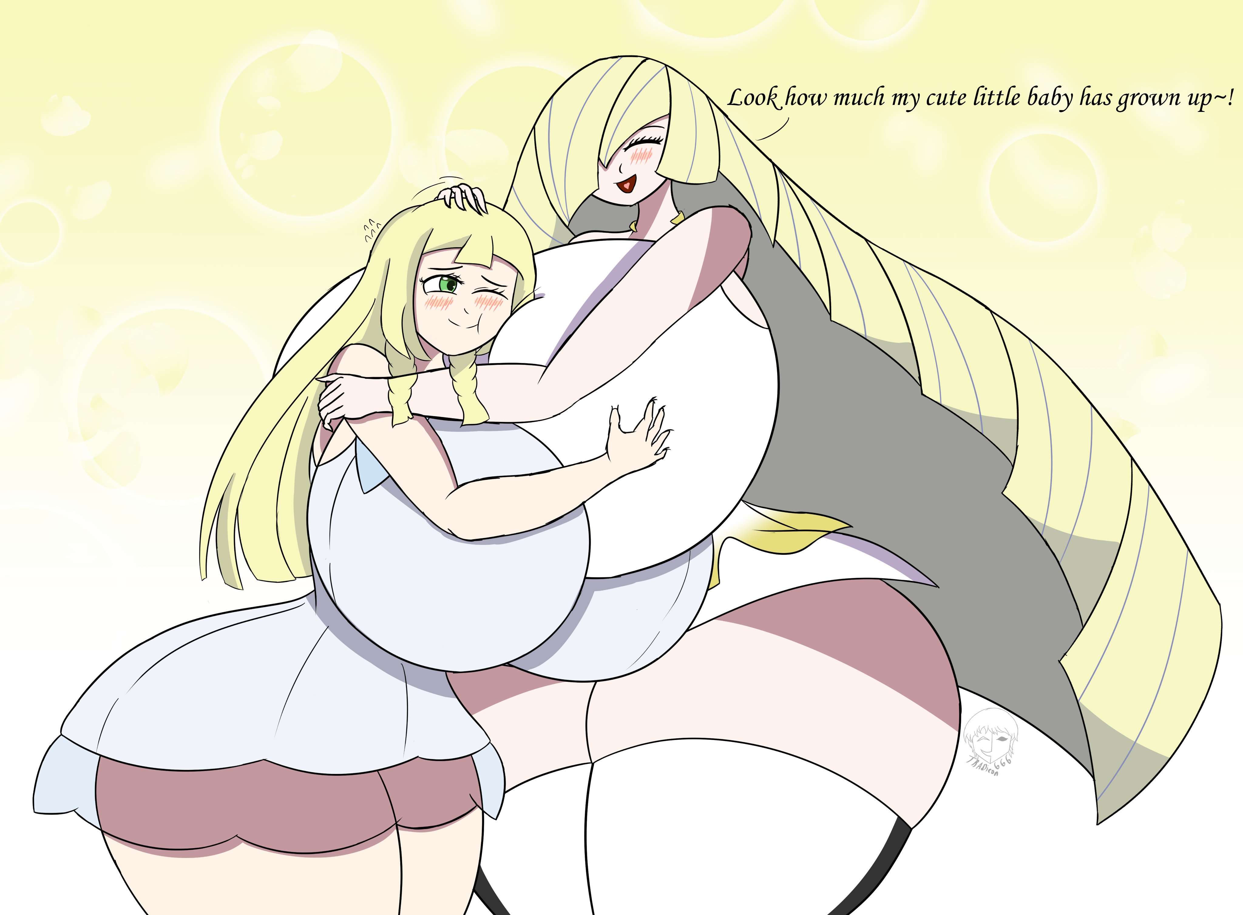 2022, 2girls, ass, blonde hair, breasts, female, game freak, hourglass figure, hyper, hyper ass, hyper breasts, lillie (pokemon), lusamine (pokemon), mother and daughter, nintendo, pokemon, pokemon sm, tagme, tradicon666, wholesome