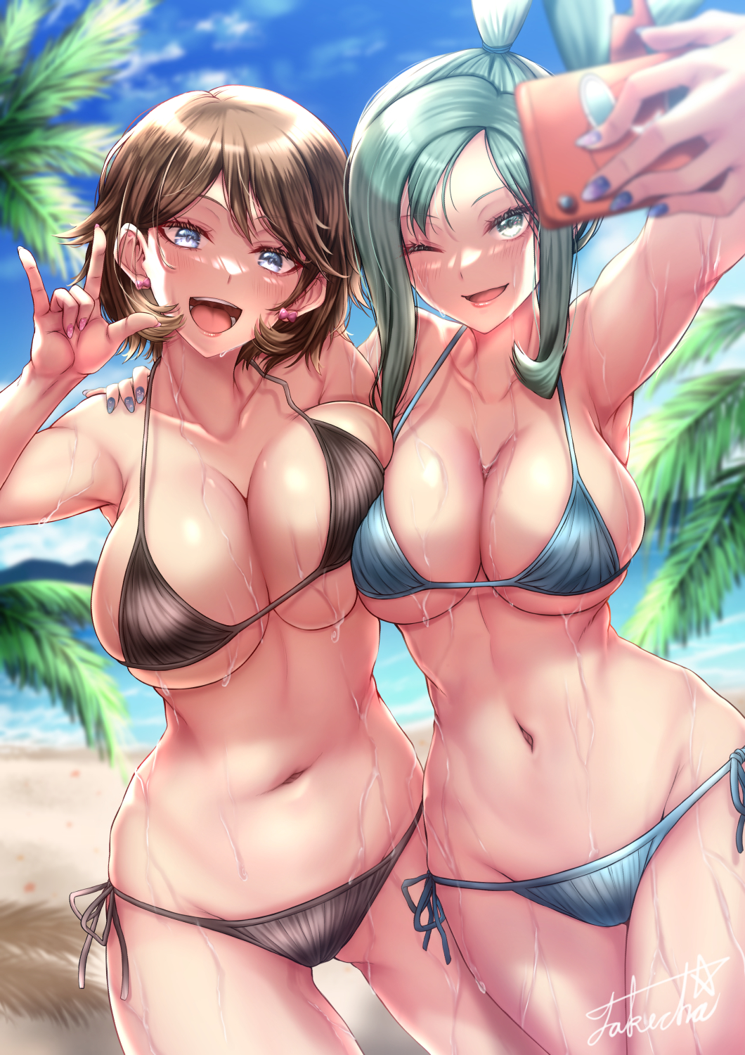 2022 2girls alternate_breast_size beach bikini blonde_hair blue_eyes blush breasts female female_only hips large_breasts lisia_(pokemon) long_hair nintendo outdoors pokemon pokemon_oras pokemon_xy serena_(pokemon) short_hair slim_waist smile takecha teal_eyes teal_hair thick_thighs thighs wide_hips