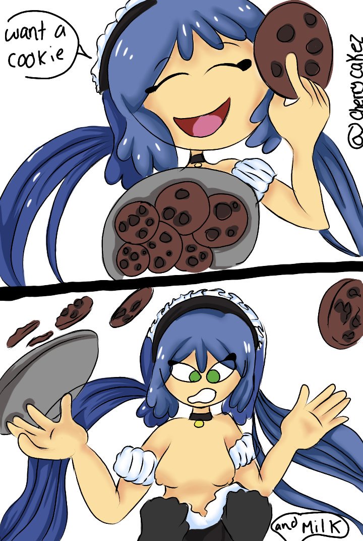 1girls artist_request blue_hair breasts cookie cookies dialogue fhs fhsz3r0 fnafhs fnafhs_z3ro fnafhsrule34 green_eyes long_hair maid maid_dress maid_outfit maid_uniform pulling pulling_clothing revealing_breasts smiling smiling_at_viewer tagme text usagi_(fnafhs) usagi_bon