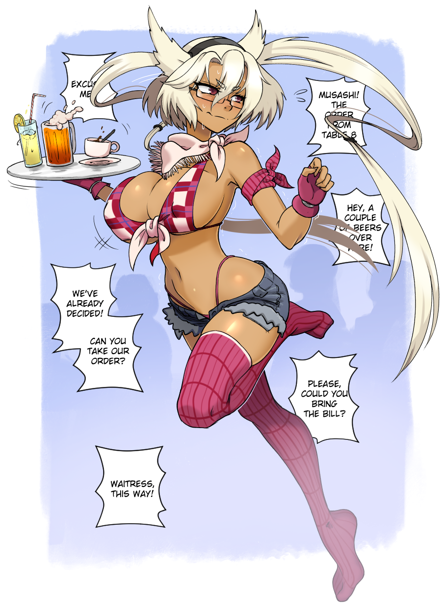 1girls alternate_costume breasts cutoffs dark-skinned_female dark_skin english_text female front-tie_top glasses highleg highleg_panties highres holding holding_tray kantai_collection kawa-v large_breasts micro_shorts musashi_(kantai_collection) panties pointy_hair rectangular_eyewear red_eyes red_panties red_thighhighs semi-rimless_eyewear short_hair_with_long_locks shorts solo speech_bubble thighhighs tray twintails underwear waitress white_hair