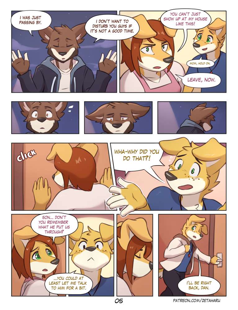 2022 anthro canid canine canis clothing comic dialogue domestic_dog english_text father green_eyes inside jewelry male mammal mother necklace page_5 parent patreon_link text url zeta-haru