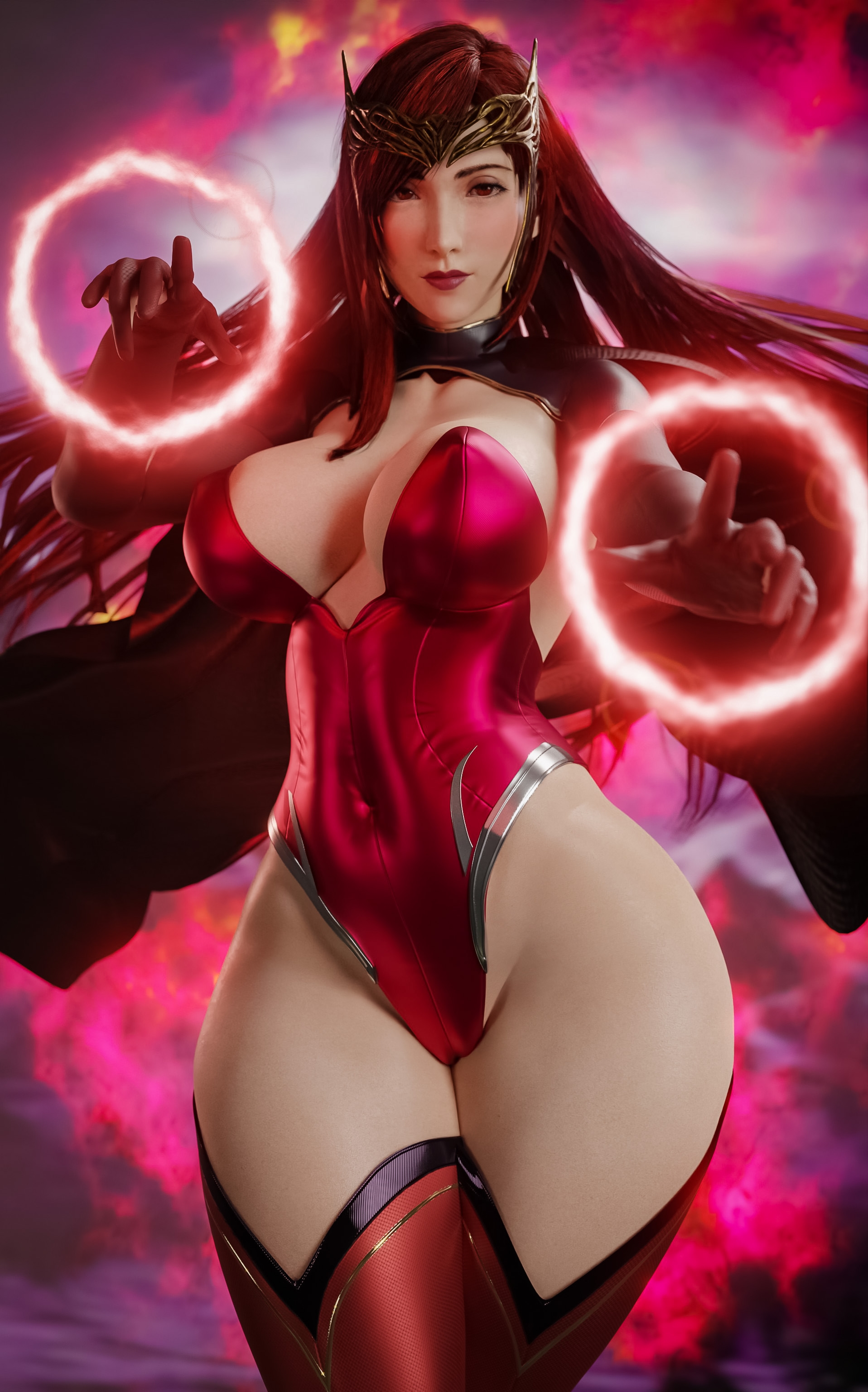 1girls, 3d, absurd res, alenabyss, breasts, cleavage, cosplay, female, female only, final fantasy, final fantasy vii, hi res, large breasts, leotard, long hair, looking at viewer, magic, marvel, marvel comics, red hair, scarlet witch, scarlet witch (cosplay), solo, thick thighs, thighhighs, thighs, tifa lockhart, tight clothing, wanda maximoff, wide hips