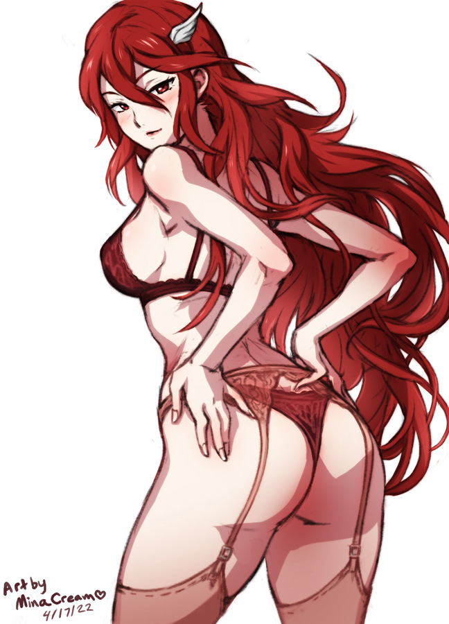 1girls, 2022, ass, ass focus, back, back view, bangs, bare back, big ass, bra, breasts, commentary, cordelia (fire emblem), english commentary, female, female only, fire emblem, fire emblem awakening, garter belt, garter straps, hair between eyes, hair ornament, long hair, looking at viewer, looking back, medium breasts, minacream, nintendo, panties, red eyes, red hair, red panties, small breasts, smile, solo, thighhighs, thighs, underwear, very long hair, white background