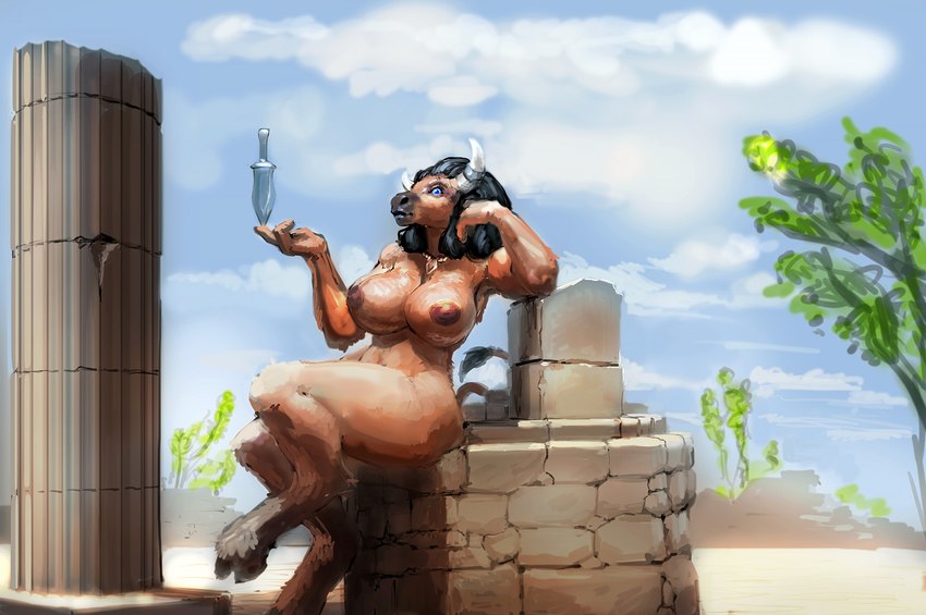 1girls big_breasts big_nipples black_hair blue_eyes bovid bovine bovine_humanoid breasts brown_body brown_fur cloven_hooves cow_tail female female_only furry furry_only greek_mythology hooves horns huge_breasts inverted_nipples looking_at_viewer meandraco minotaur minotaur_female nihea_avarta nipples soul_devouring_eyes tail weapon