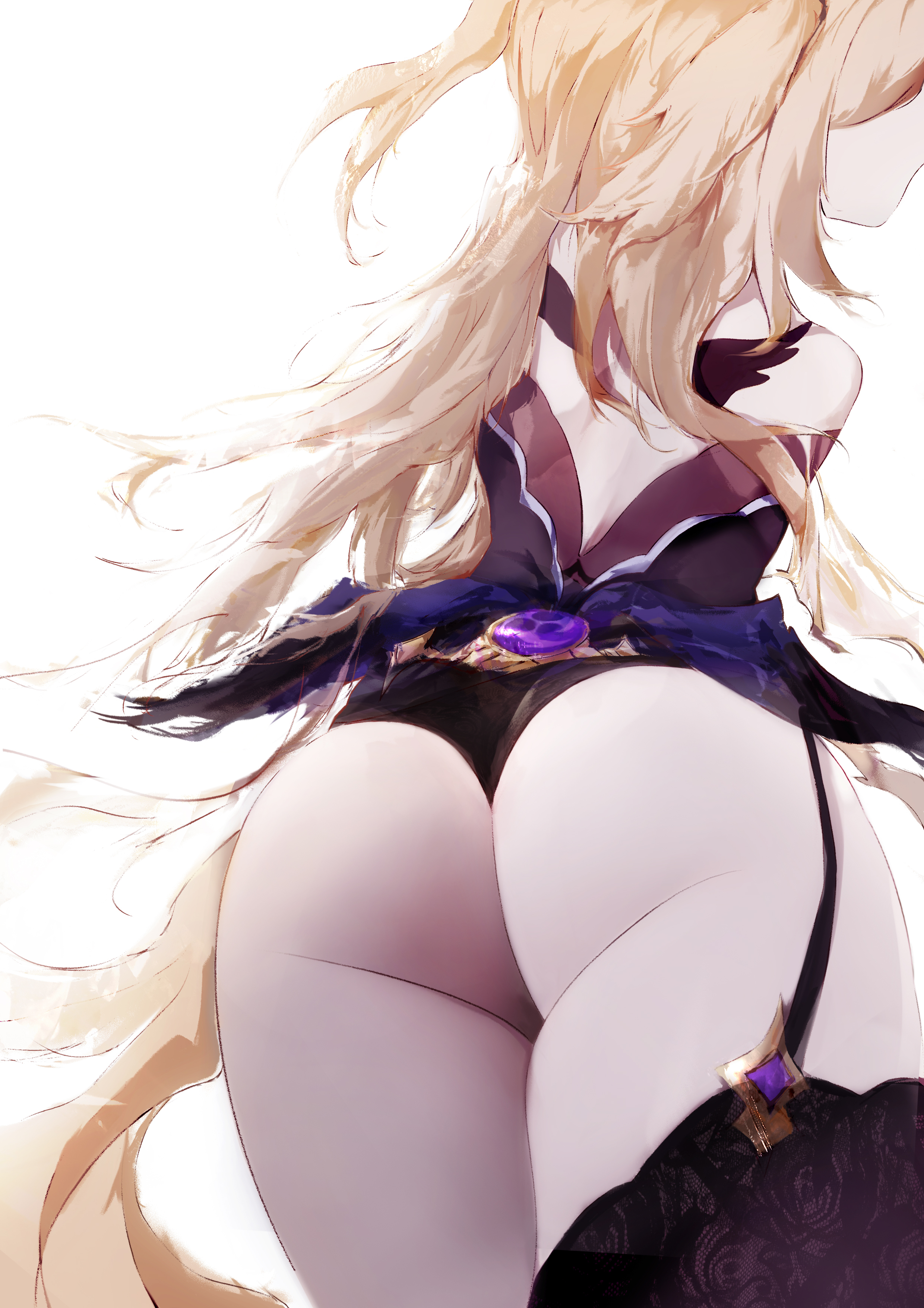 1girls, ass, ass focus, back, back view, big ass, black panties, black thighhighs, blonde hair, bottomwear, clothing, female, female only, fischl (genshin impact), garter straps, genshin impact, hi res, highres, huge ass, large ass, long hair, maomoking, panties, solo, solo female, straps, thick thighs, thigh highs, thighs, topwear