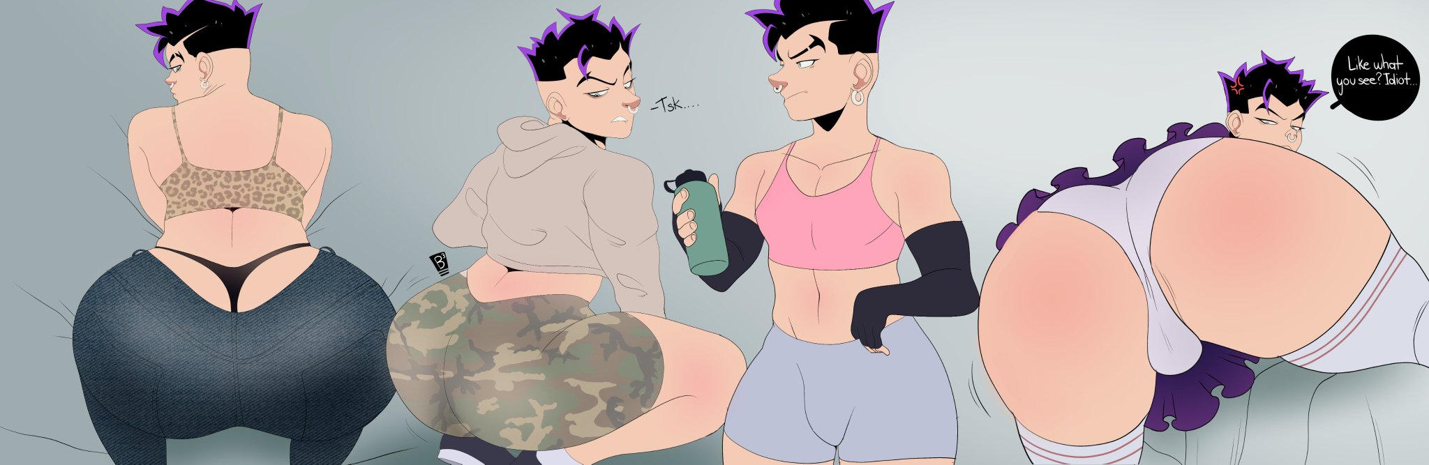 1boy, ass, ass cleavage, ass crack, barrybbeesly, big ass, big butt, black thong, booty shorts, butt crack, clothed, earrings, femboy, jeans, leggings, looking at viewer, looking back, male, male focus, male only, max (barrybbeesly), nose ring, original character, purple eyes, purple skirt, shorts