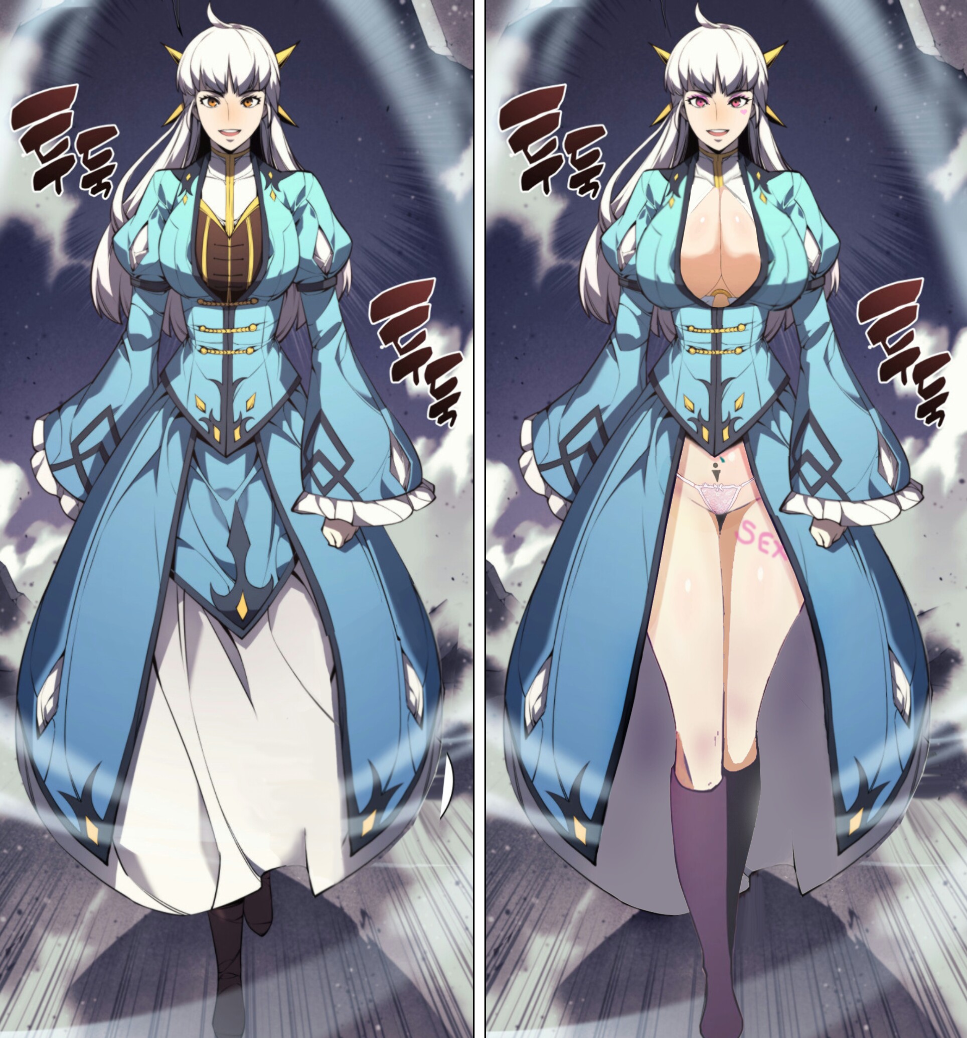 big breasts, breasts, dress, edit, female, huge breasts, instant loss 2koma, isabel (overgeared), manhwa, overgeared, tattoo, white hair
