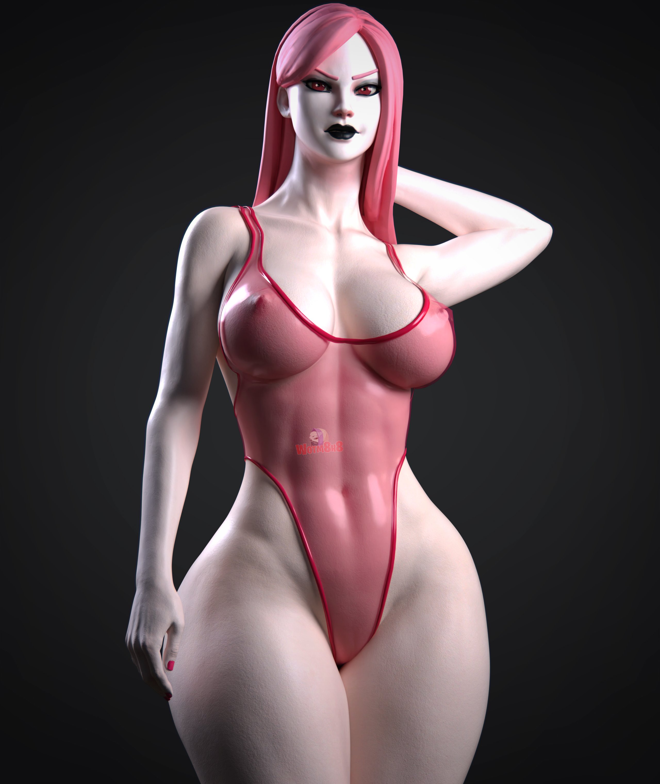 1girls, 3d, 3d (artwork), abs, areolae, big breasts, black lipstick, breasts, female, female only, fortnite, fortnite: battle royale, haze (fortnite), light skin, light-skinned female, looking at viewer, nipples, pale skin, pale-skinned female, pink hair, pussy, red eyes, smirk, smirking, smirking at viewer, solo, solo female, solo focus, swimsuit, swimwear, transparent, transparent clothing, vagina, white body, white skin, wide hips, wotm8h8
