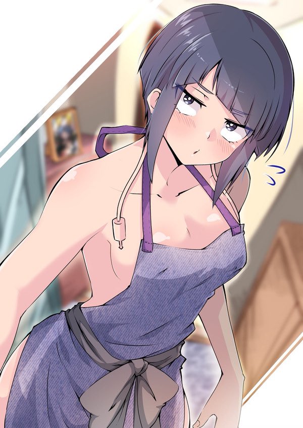 1girls, bangs, blue apron, blue eyes, blue hair, blush, cleavage, eye visible through hair, eyebrows visible through hair, female, irritated, kyoka jiro, looking at viewer, my hero academia, naked apron, purple hair, purple-haired female, shinonome mozuku, solo, tagme
