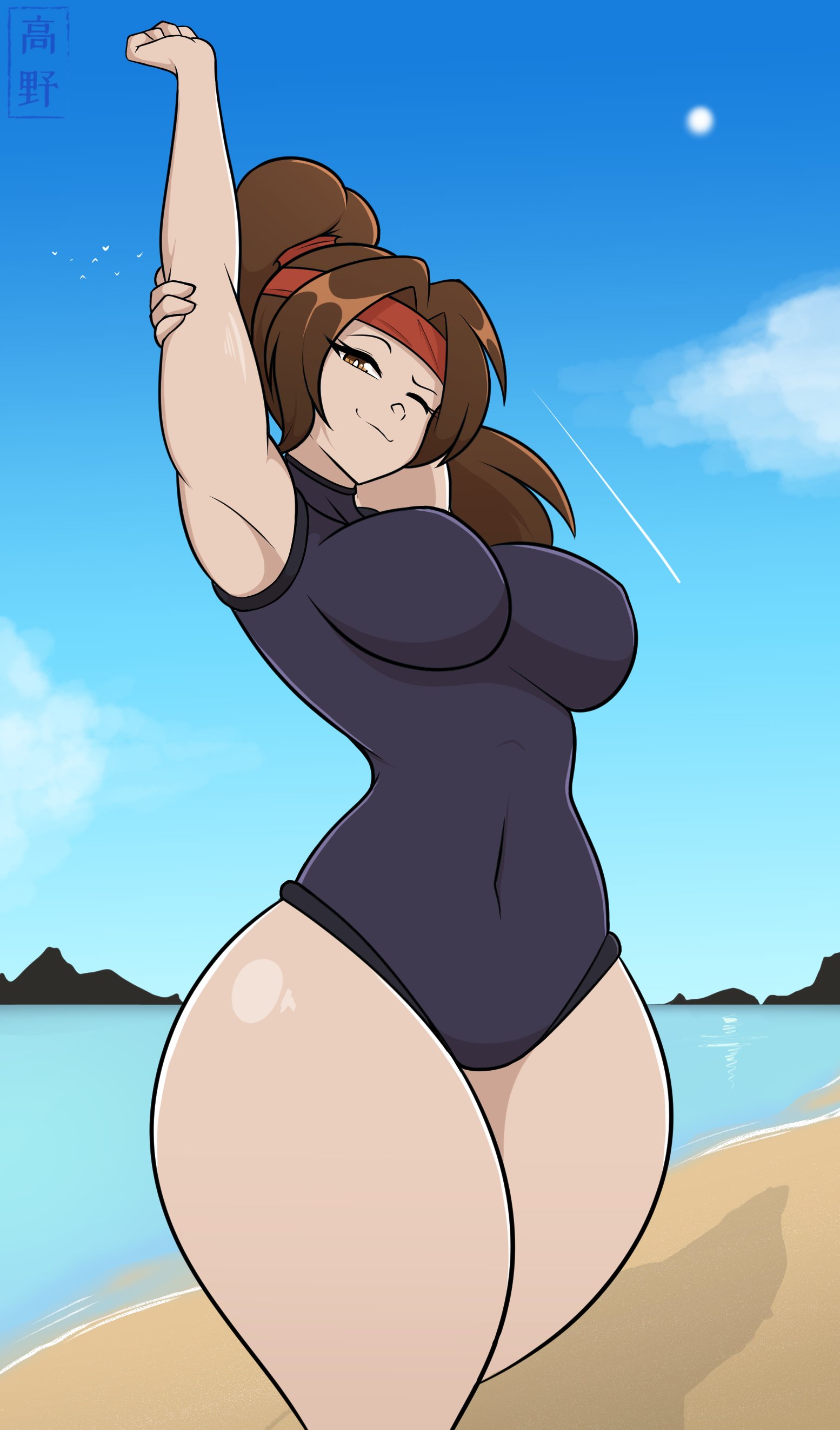 armpits, brown hair, child bearing hips, curvaceous, female, final fantasy, final fantasy vii, headband, jessie rasberry, leotard, monokini, one-piece swimsuit, ponytail, swimsuit, tagme, takano (artist)