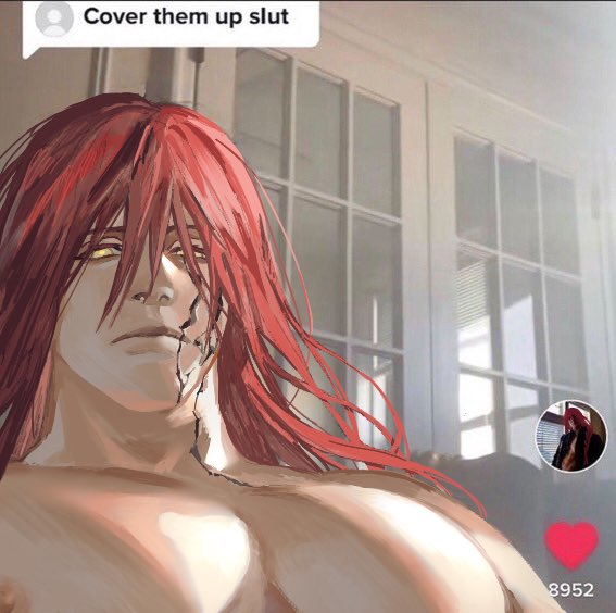 1boy artist_request bara bara_tits cover_them_up_slut elden_ring fromsoftware male male_nipples male_only meme nipples pecs radagon_of_the_golden_order selfie solo source_request text tiktok tiktok_overlay topless