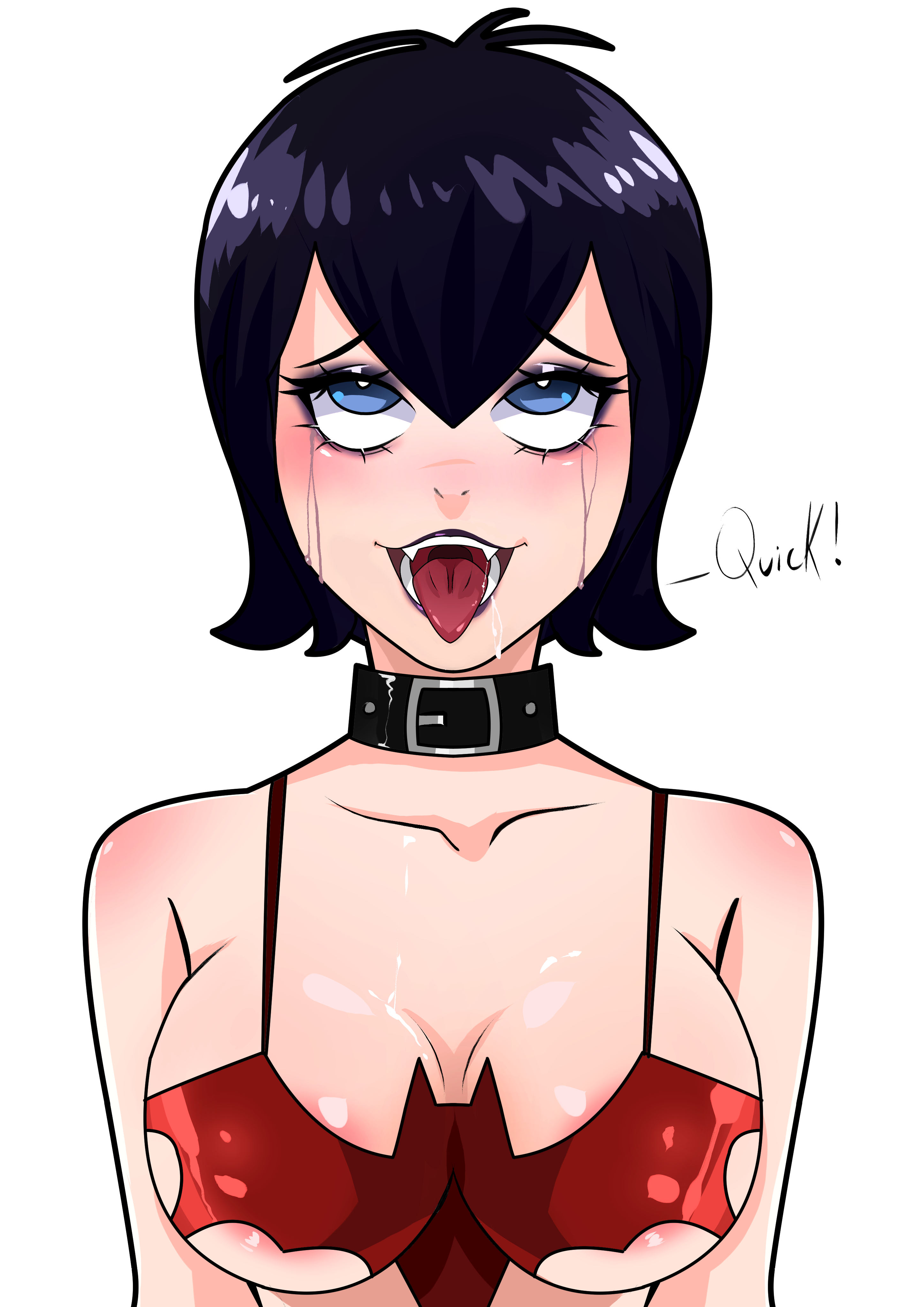 1girls, 2d, ahegao, bell haircut, big breasts, black hair, blue eyes, breasts, choker, cleavage, crying with eyes open, female, female only, ghostlessm, horny female, hotel transylvania, light skin, light-skinned female, mavis dracula, open mouth, running mascara, runny makeup, short hair, tears, tongue, tongue out, underboob, vampire