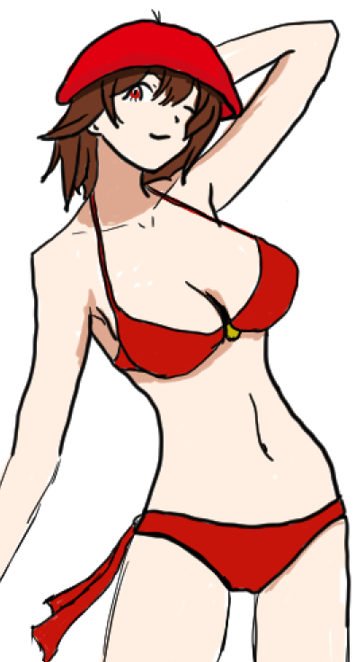 1girls arm_behind_head beret bikini brown_hair cowboy_shot female female_only hat maria_del_carmen navarra red_eyes simple_background solo source_request standing swimsuit virtual_youtuber white_background wink