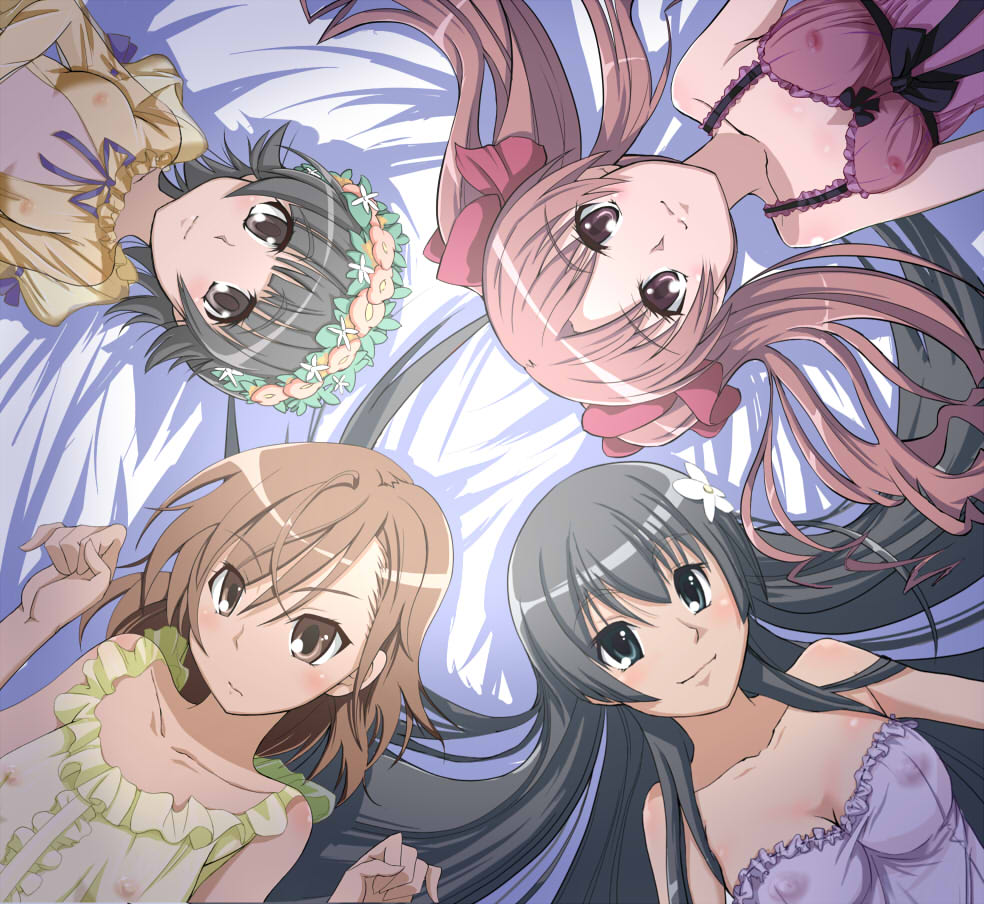 2013 4girls areolae areolae_visible_through_clothing black_hair brown_eyes brown_hair cleavage erect_nipples erect_nipples_under_clothes female female_only flower_crown grey_eyes hetare_(pixiv) long_hair misaka_mikoto multiple_girls nightgown saten_ruiko see-through see-through_clothing shirai_kuroko short_hair teenage_girl teenager to_aru_kagaku_no_railgun to_aru_majutsu_no_index twintails uiharu_kazari very_long_hair young