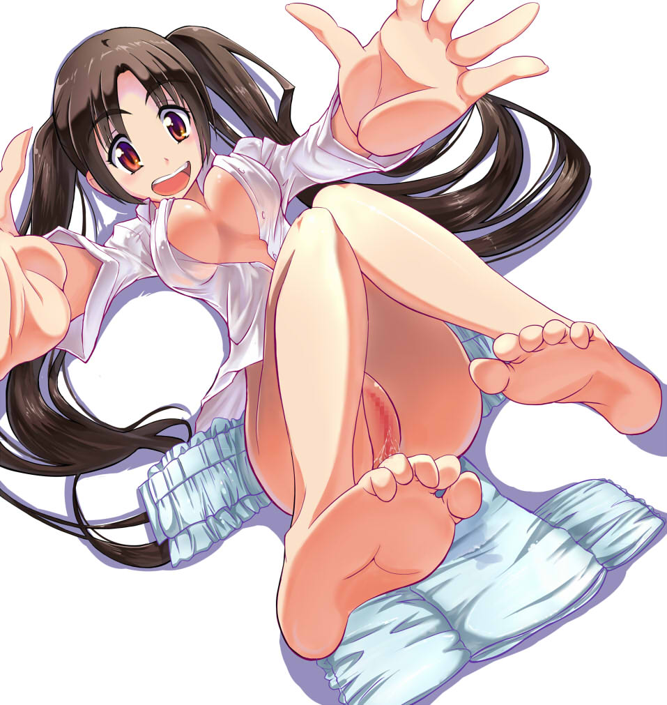 barefoot brown_eyes brown_hair censored diaper feet female hetare_(pixiv) large_breasts long_hair mosaic_censoring open_mouth pussy pussy_juice reaching_out seitokai_yakuindomo solo tsuda_kotomi twintails