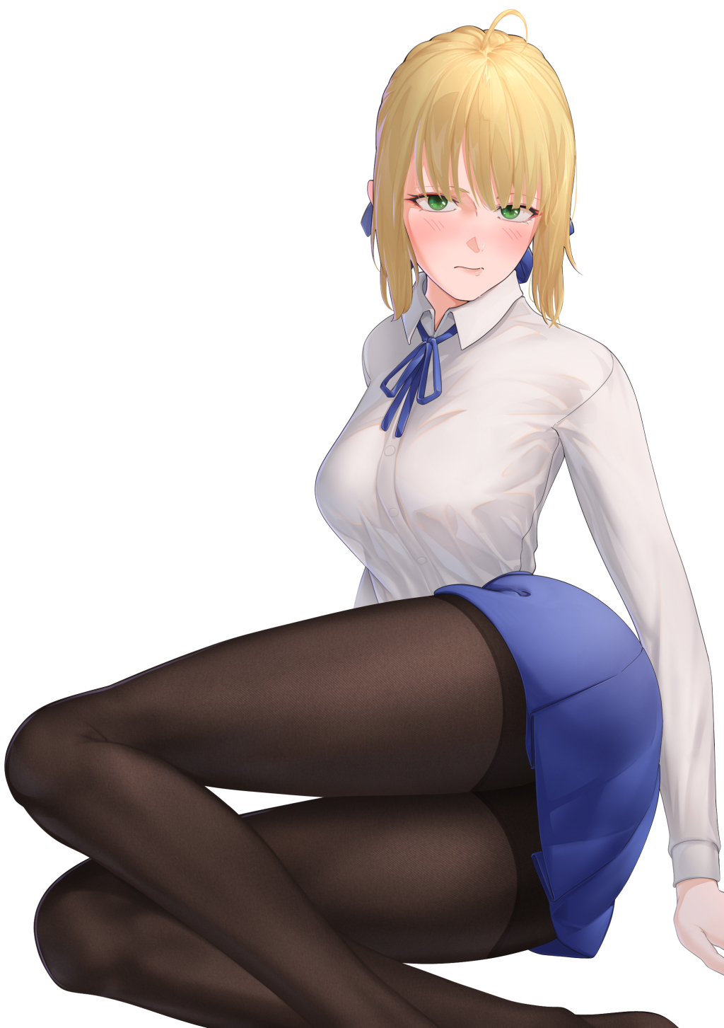 ahoge artoria_pendragon_(fate) black_legwear blonde_hair blue_ribbon blush fate/stay_night fate_(series) female green_eyes highres legs pantyhose ribbon saber simple_background sitting skirt tamamoice white_background