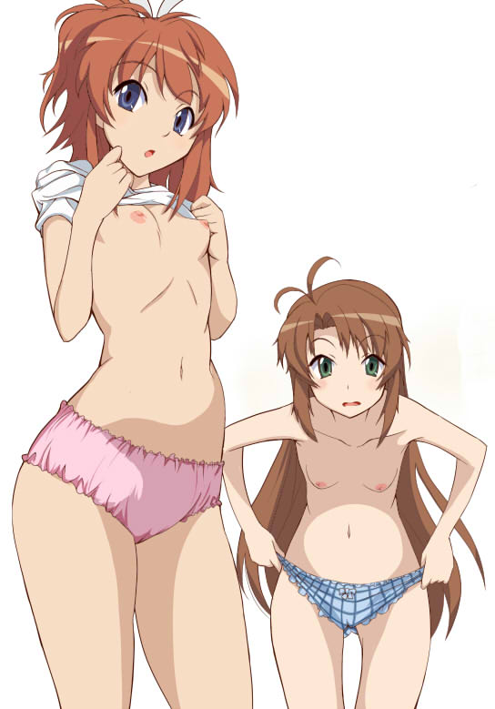 2girls blue_eyes bow_panties erect_nipples hetare_(pixiv) koshigaya_komari koshigaya_natsumi long_hair multiple_girls non_non_biyori open_mouth pink_panties shirt_lift short_hair topless undressing very_long_hair white_background