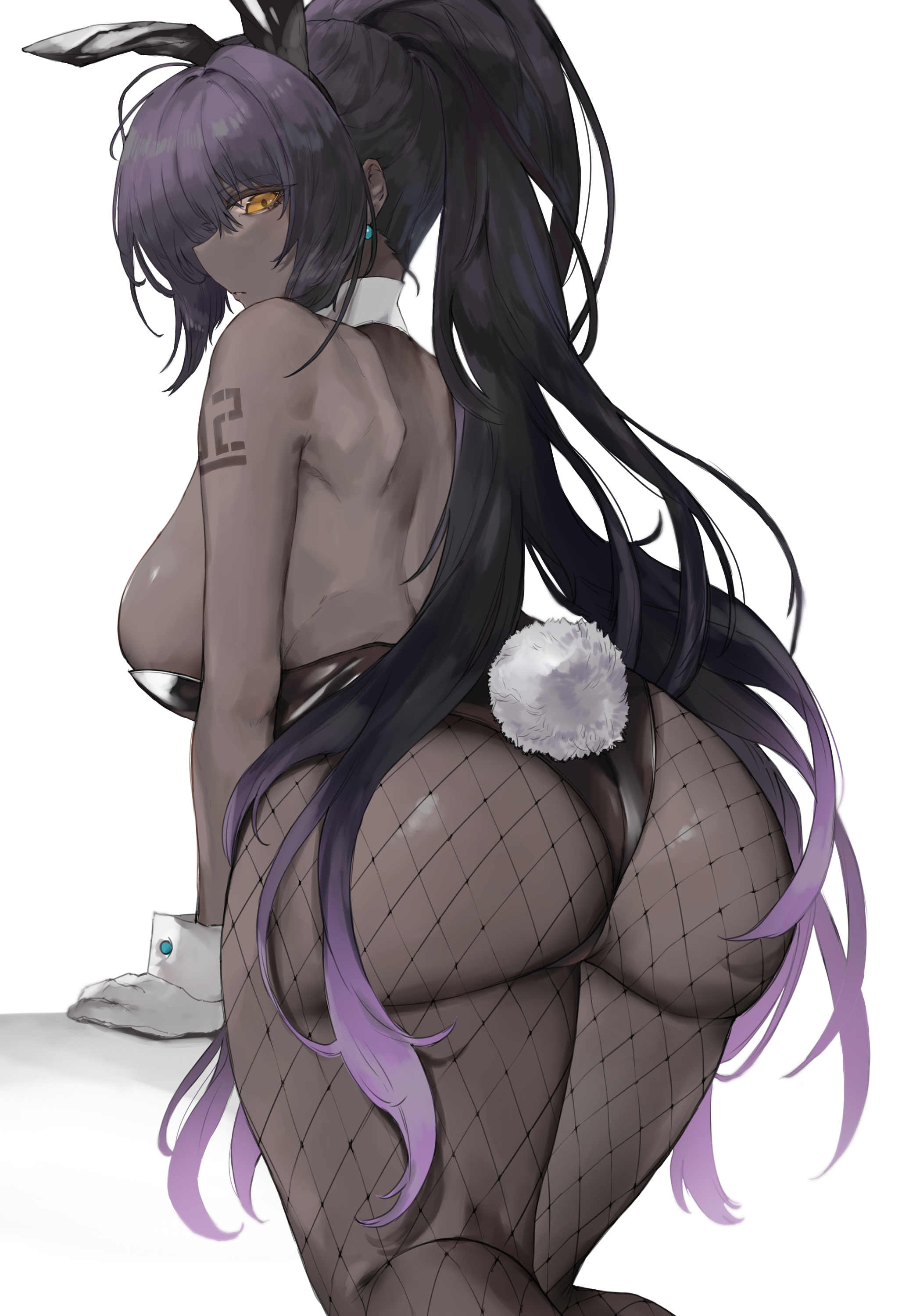 1girls, 2022, absurd res, ass, ass focus, ass shot, back, back view, black hair, black leotard, blue archive, breasts, brown skin, bubble ass, bubble butt, bunny ears, bunny girl, bunny tail, bunnysuit, dark skin, dark-skinned female, female, female only, fishnets, halo, highleg leotard, huge ass, huge breasts, karin (blue archive), karin (bunny) (blue archive), kataku musou, leotard, long hair, sideboob, simple background, solo, wedgie, yellow eyes
