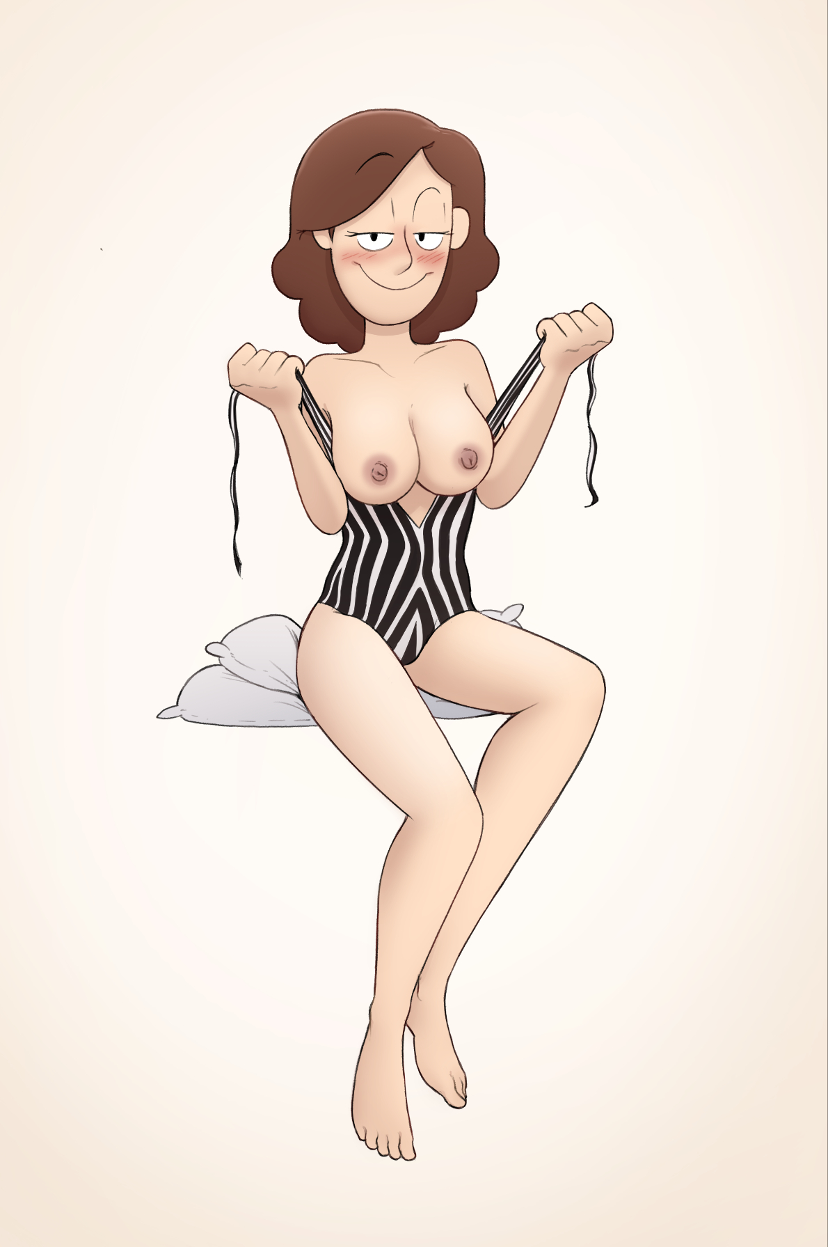 1girls, areolae, barefoot, blush, breasts, exposed breasts, eyebrows visible through hair, feet, female, flashing, full body, hilda (series), johanna (hilda), looking at viewer, mannysdirt, netflix, nipples, one-piece swimsuit, pillow, pinup, short hair, sitting, solo, solo female, swimsuit, taking clothes off, thighs