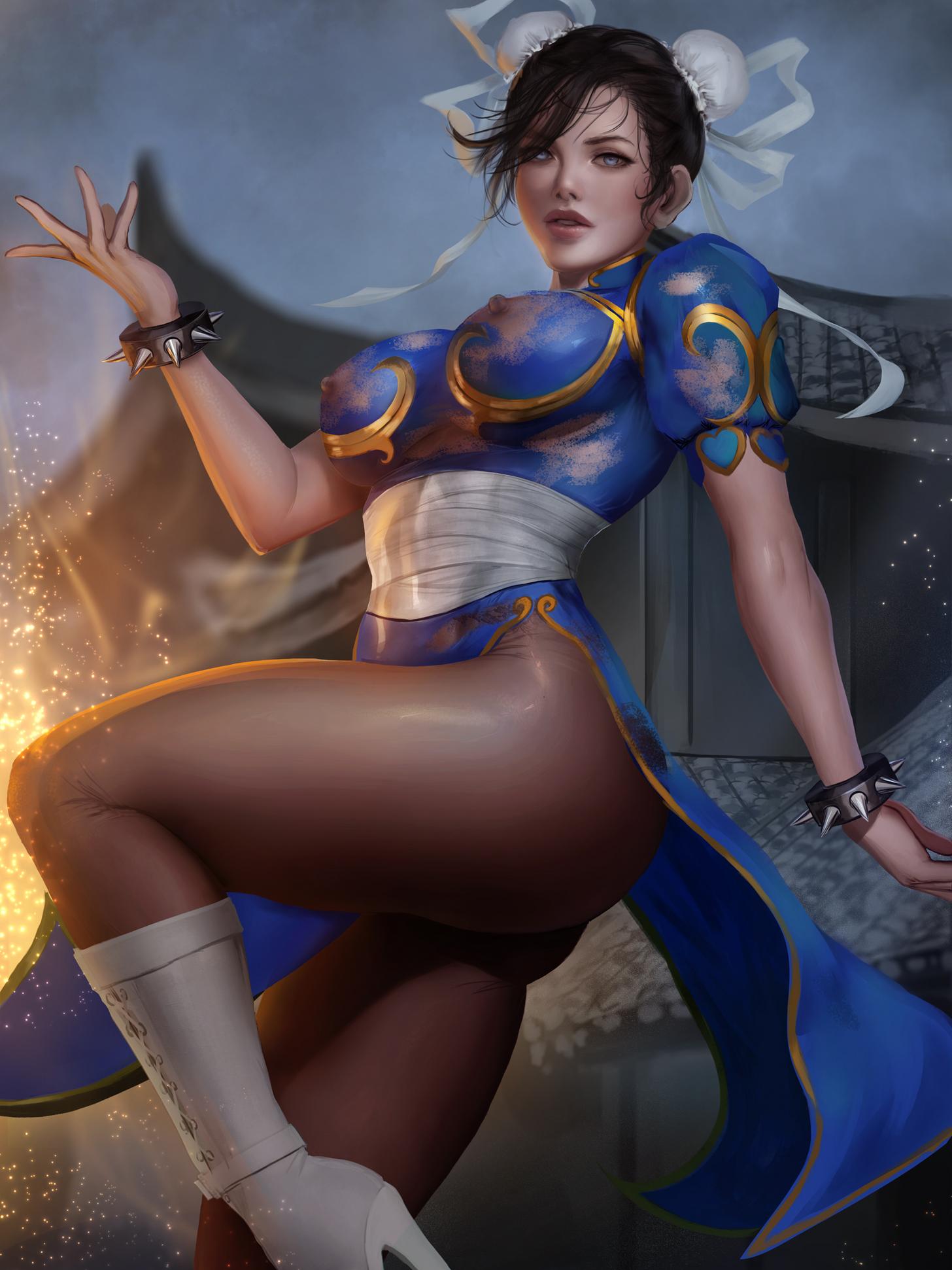 1girls abs areolae blue_eyes brown_hair bun_cover chun-li dissolving_clothes female fighting_game fit_female hair_buns high_heels nipples pantyhose see-through_clothing shurakrgt solo solo_female street_fighter street_fighter_iv street_fighter_v video_game_character video_games