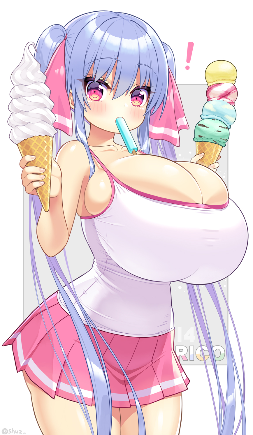 ! 1girls barely_contained big_breasts blue_hair blush breast_squish cute english_text exclamation_point female female_only hair_ornament hair_ribbon hourglass_figure huge_breasts ice_cream long_hair looking_at_viewer original pink_eyes ribbon riko_(shuz) short_skirt shortstack shuz_(dodidu) skindentation solo stretched_clothing tank_top text thick_thighs thin_waist tight_clothing twintails white_skin wide_hips