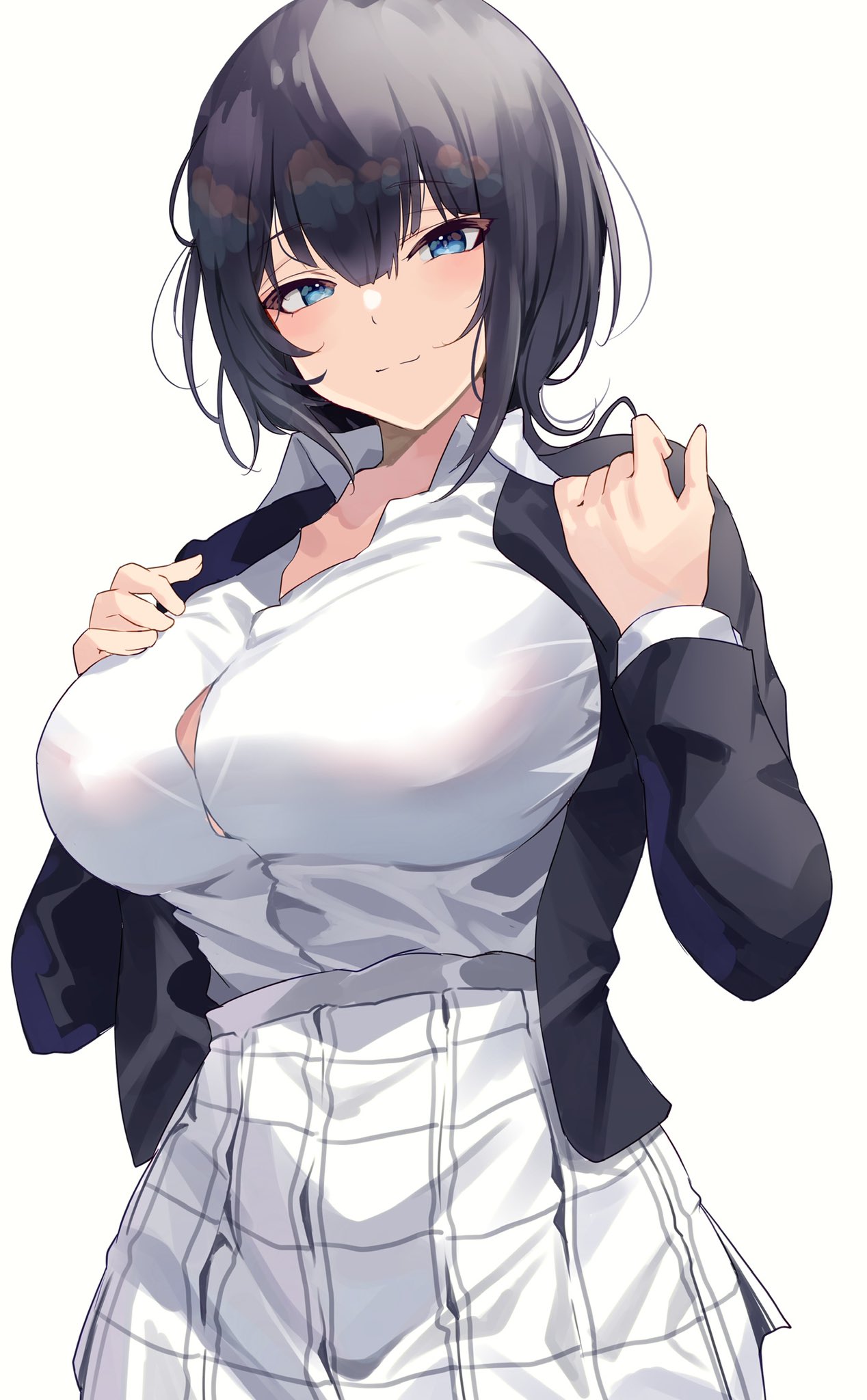 1girls, asaka karin, beauty mark, big breasts, big hips, blue eyes, blue hair, bra, breasts, busty, female, female only, hand on breast, huge breasts, large breasts, looking at viewer, love live!, love live! nijigasaki high school idol club, mostly clothed, navy blue hair, open shirt, school uniform, smile, solo, tagme, thick thighs, tight clothing, white background, yamasonson