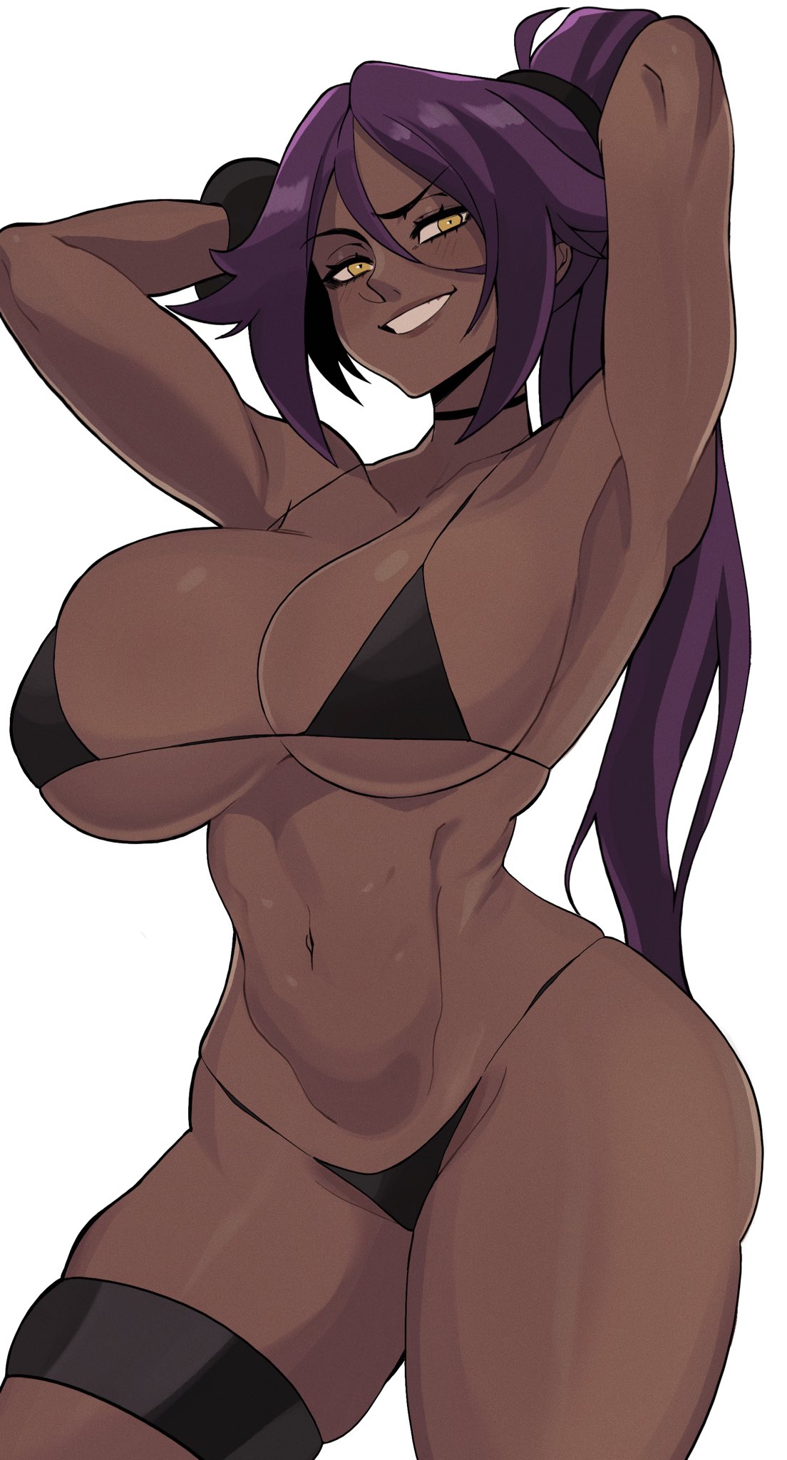 1girls 2022 armpits arms_behind_back arms_behind_head arms_up big_breasts bikini black_bikini bleach breasts cleavage dark-skinned_female dark_skin female female_only hi_res large_breasts looking_at_viewer purple_hair seductive shihouin_yoruichi smile solo standing swimsuit teeth thick_thighs thighs white_background wide_hips yellow_eyes yoshiikirablr