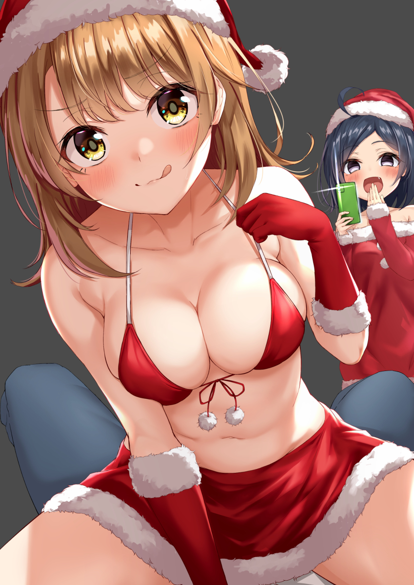 2girls black_eyes blonde_hair cartoony christmas_outfit female female_focus human indigo_hair isshiki_iroha mary_san multiple_girls my_teen_romantic_comedy_snafu noseless santa_bikini santa_costume santa_hat sideboob smiling_at_viewer tongue tongue_out yellow_eyes