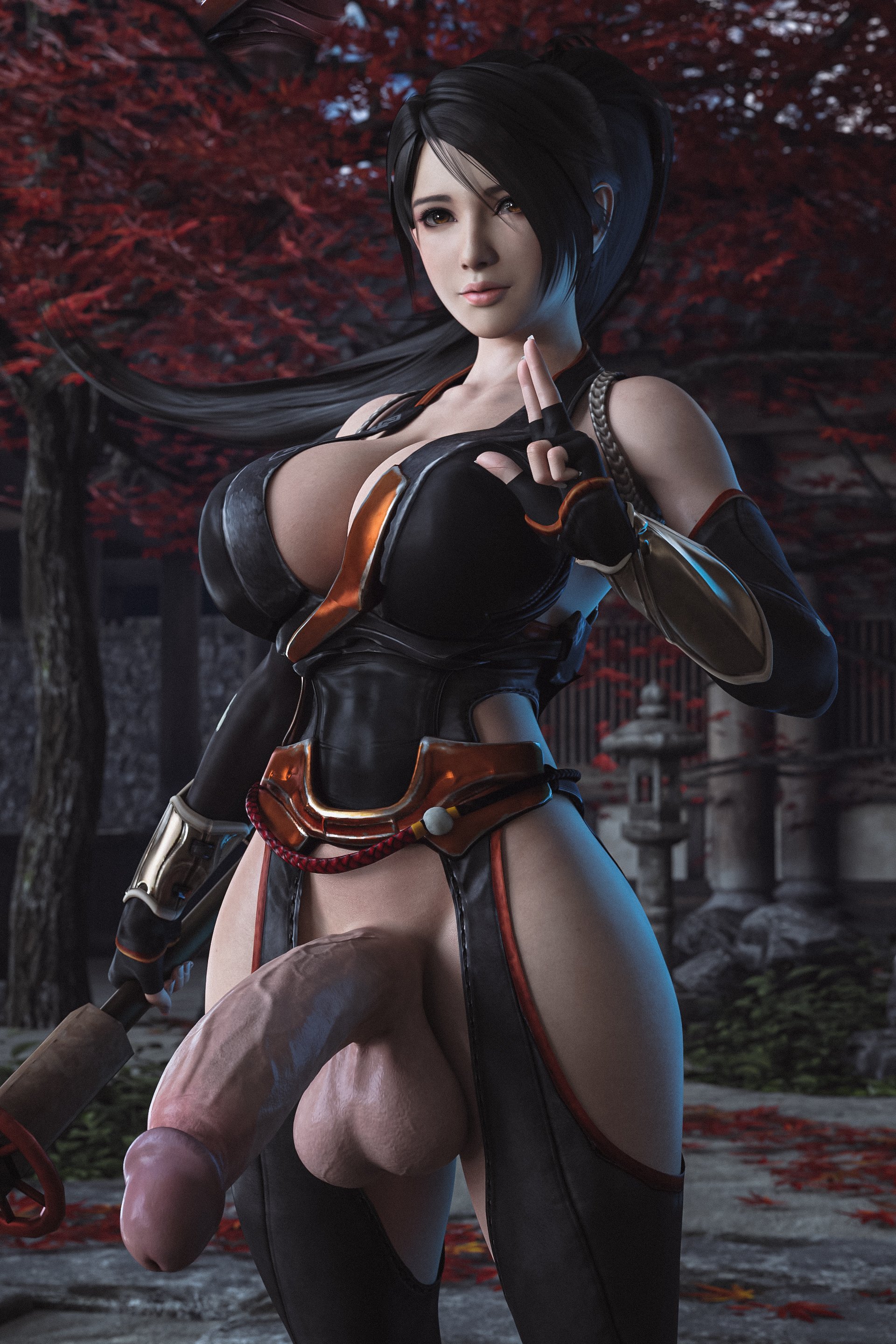 1futa, 3d, asian futa, big breasts, breasts, casual exposure, casual nudity, dead or alive, erection, futa only, futanari, huge cock, intersex, large breasts, momiji (ninja gaiden), mostly nude, ninja gaiden, penis, solo, stevencarson
