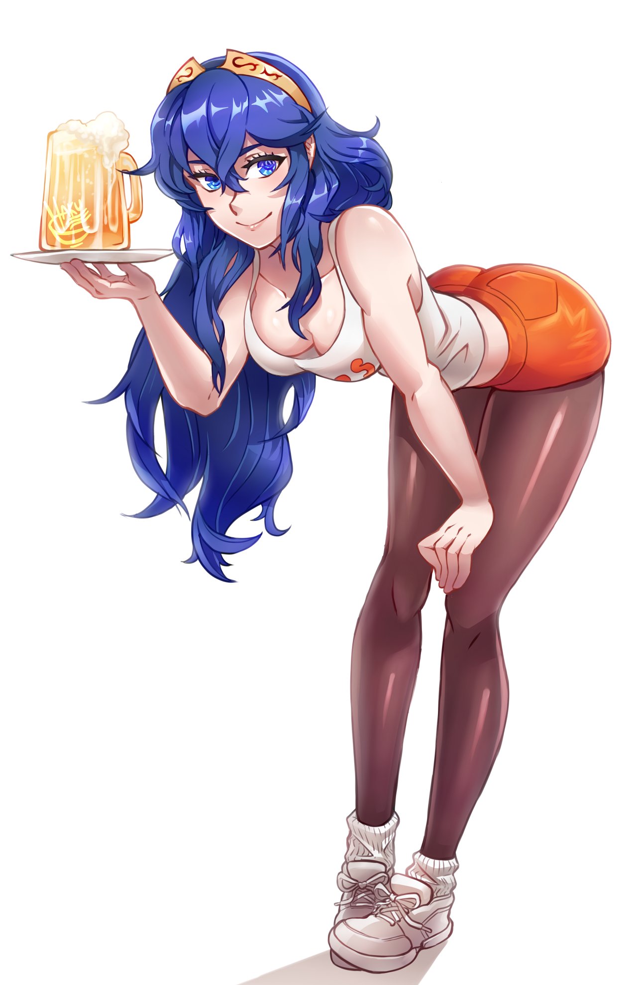 1girls alternate_costume ass bangs beer_mug bent_over big_ass blue_eyes blue_hair blush breasts clothes_writing cup employee_uniform female female_only fire_emblem fire_emblem_awakening fully_clothed hair_between_eyes hakuramen highres holding hooters long_hair looking_at_viewer lucina_(fire_emblem) mug nintendo orange_shorts pantyhose short_shorts shorts simple_background smile solo tank_top tiara uniform waitress