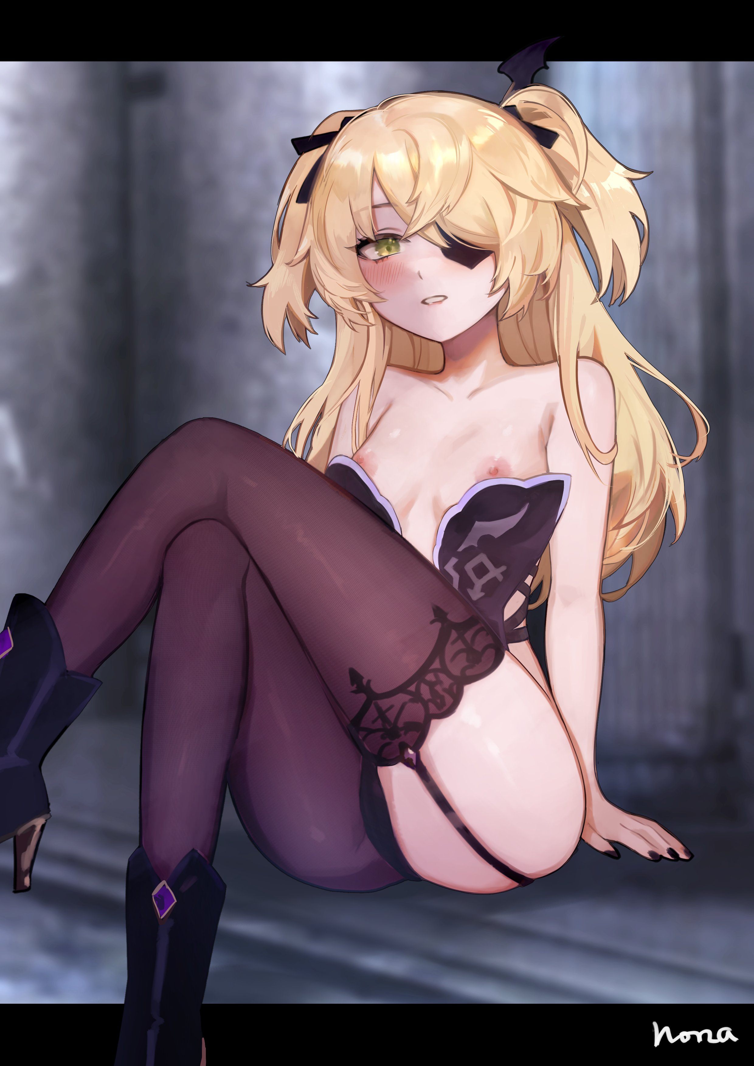 1girls, 2022, areolae, artist signature, black panties, blonde hair, blush, breasts, clothed, clothed female, crossed legs, eyepatch, female, female only, fischl (genshin impact), flat chest, genshin impact, green eyes, long hair, looking at viewer, nipples, norza, panties, petite, small breasts, thighhighs
