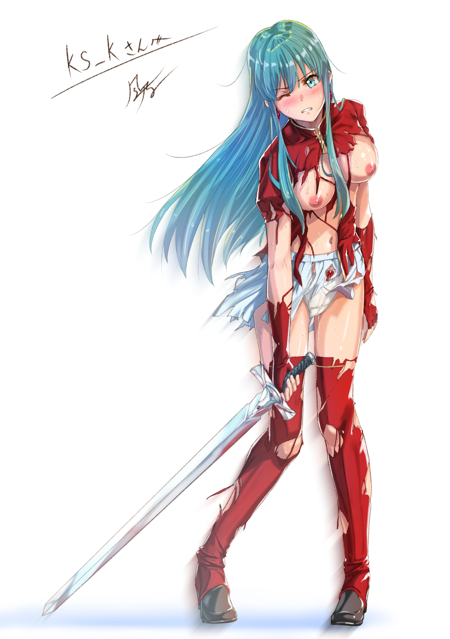 1girls aqua_hair bare_midriff bare_thighs blue_eyes blue_hair blush boots bow bow_panties breasts breasts_out bruise clenched_teeth commission defeated eirika_(fire_emblem) elbow_gloves exposed_breasts female female_only fingerless_gloves fire_emblem fire_emblem:_the_sacred_stones gloves highres holding holding_sword holding_weapon injury kazeno long_hair medium_breasts midriff navel nintendo nipples one_eye_closed panties red_footwear red_thighhighs shirt simple_background skeb_commission skirt solo sweat sword thigh_boots thighhighs thighs torn_clothes torn_shirt torn_skirt torn_thighhighs underwear weapon white_background white_panties