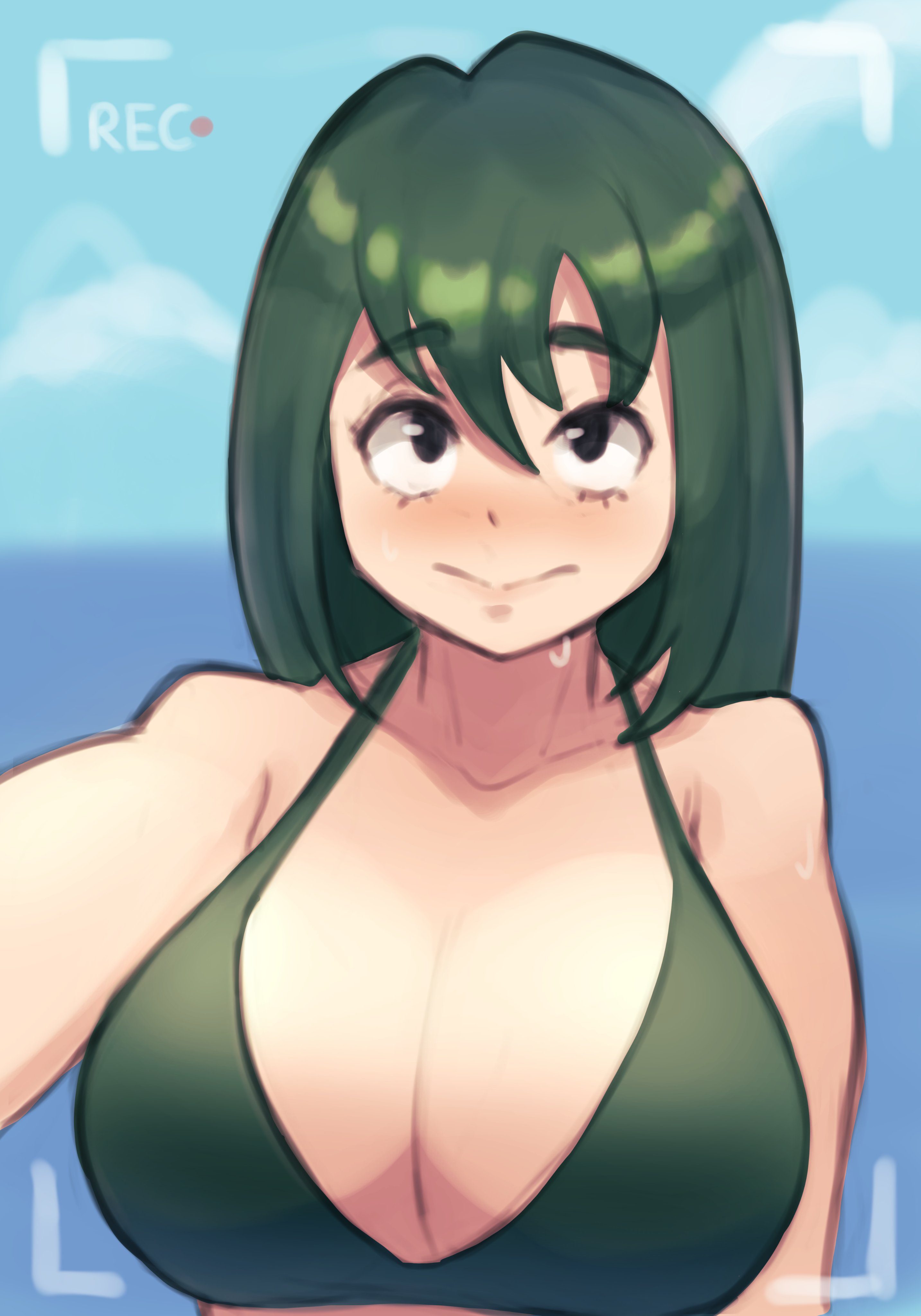 1girls, 2022, absurd res, big breasts, bikini top, black eyes, blush, breasts, camera view, female, female only, green hair, green-haired female, long hair, looking at viewer, my hero academia, nyapii, recording, selfie, solo, solo female, tsuyu asui
