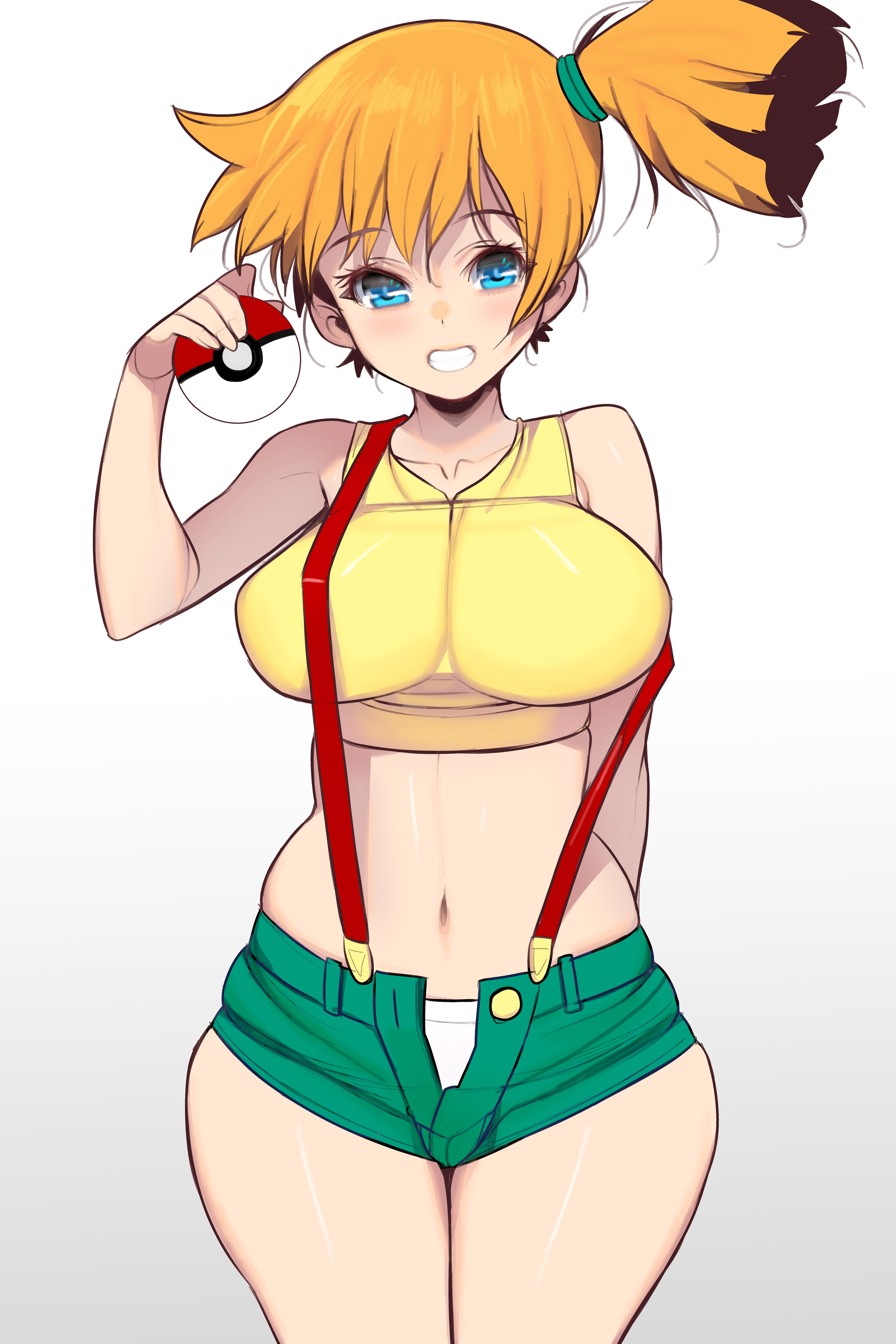 1girls, absurdres, alternate breast size, aqua eyes, asymmetrical hair, bare arms, bare legs, bare shoulders, blouse, blue eyes, blush, breasts, creatures (company), curvy, female, game freak, hair between eyes, highres, holding, holding poke ball, huge breasts, kasumi (pokemon), large breasts, legs, looking at viewer, masao, milf, nintendo, open mouth, orange hair, panties, poke ball, pokemon, pokemon (anime), pokemon (classic anime), ponytail, shiny, shiny hair, shiny skin, shirt, short hair, short ponytail, side ponytail, simple background, sleeveless, sleeveless shirt, smile, solo, suspenders, thighs, underwear, wide hips, yellow shirt