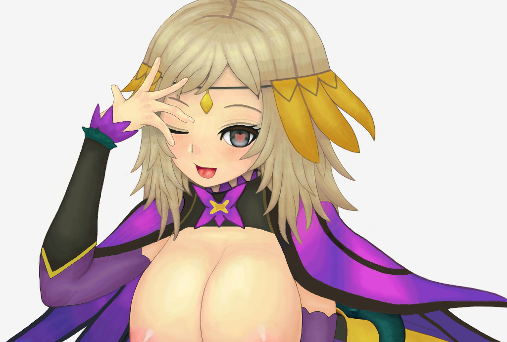 1girls alternate_costume areolae blonde_hair breasts breasts_out cleavage female female_only fire_emblem fire_emblem_fates fire_emblem_heroes gesture grey_eyes heart-shaped_pupils large_breasts long_hair looking_at_viewer nintendo official_alternate_costume open_mouth ophelia_(fire_emblem) roaamuje smile solo upper_body white_background