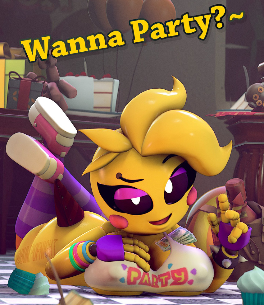 3d, female, five nights at freddy's, gloves, looking at viewer, solo, toy chica (eroticphobia), toy chica (fnaf), white eyes, yellow skin