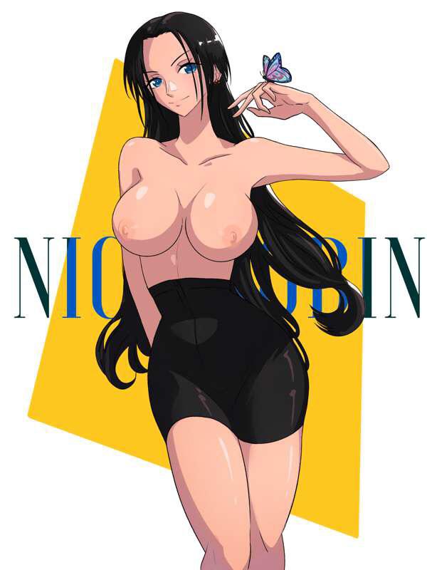 1girls, areolae, big breasts, black hair, black-haired female, blue eyes, breasts, busty, butterfly, curvy, female, female only, long hair, looking at viewer, nico robin, nipples, one piece, opalisart, pencil skirt, posing, post-timeskip, skirt, solo, thick thighs, topless, wide hips