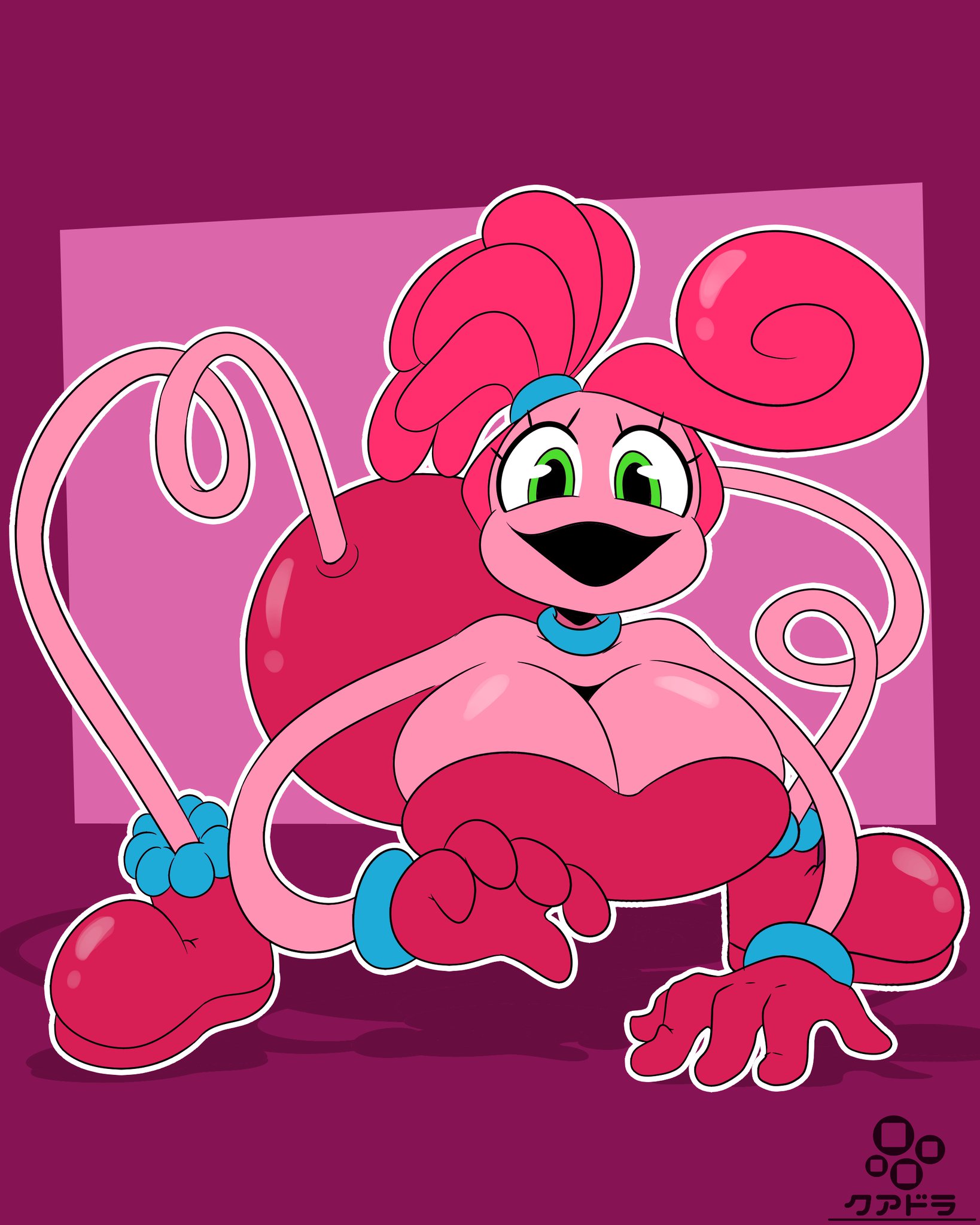1girls, big breasts, breasts, cuadra side, female, green eyes, mommy long legs, monster girl, pink body, pink hair, poppy playtime, robot girl, smile, solo, solo female, solo focus