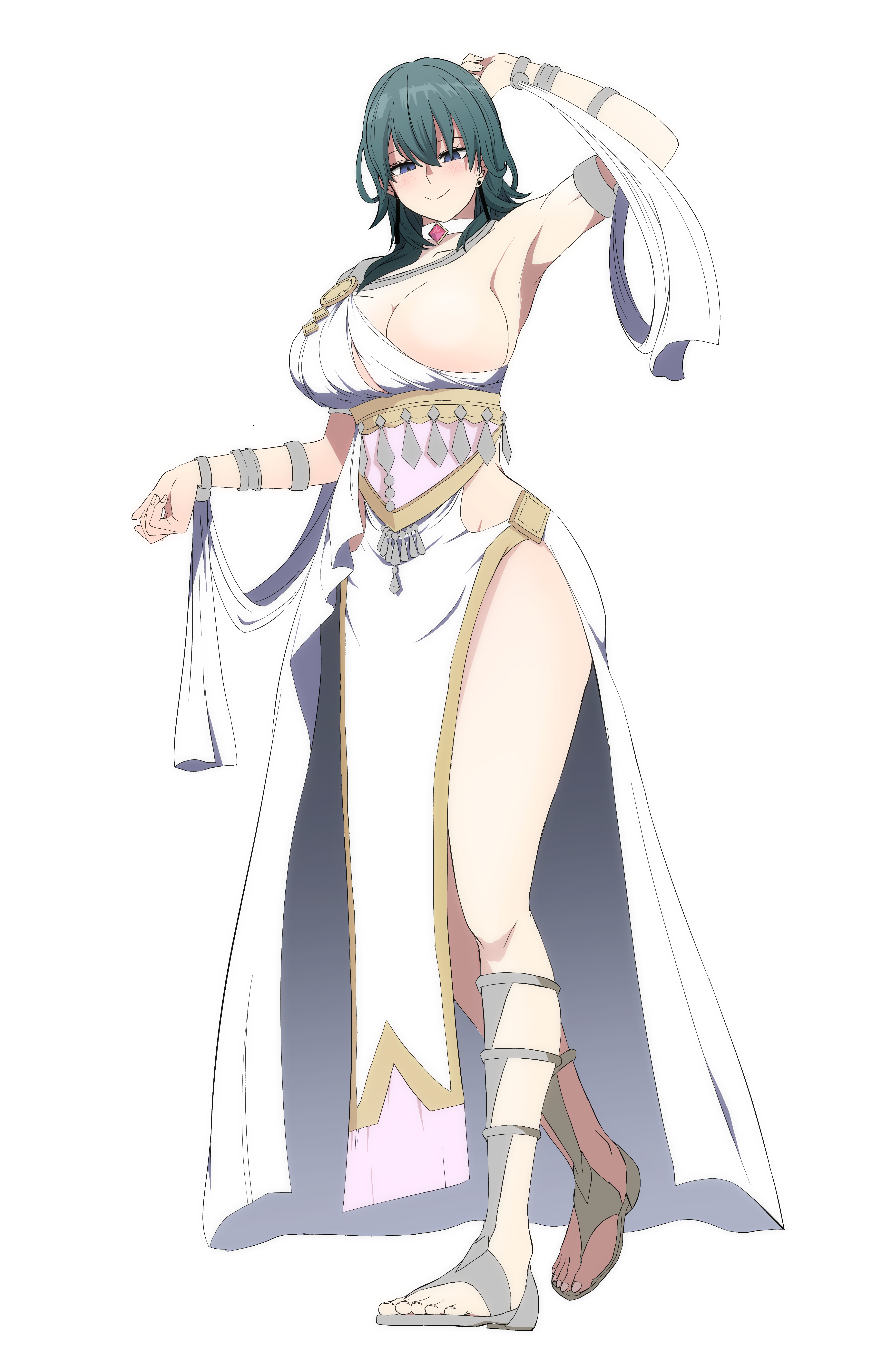 1girls, alternate costume, alternate version available, blue eyes, blue hair, brainwashing, breasts, byleth (fire emblem), byleth (fire emblem) (female), cleavage, dancer, dancer (three houses), dancer outfit, female, female only, fire emblem, fire emblem: three houses, harem outfit, hypnosis, large breasts, light skin, mind control, nintendo, sandals, simple background, skimpy, skimpy clothes, solo, white background, ze r0 ze r0