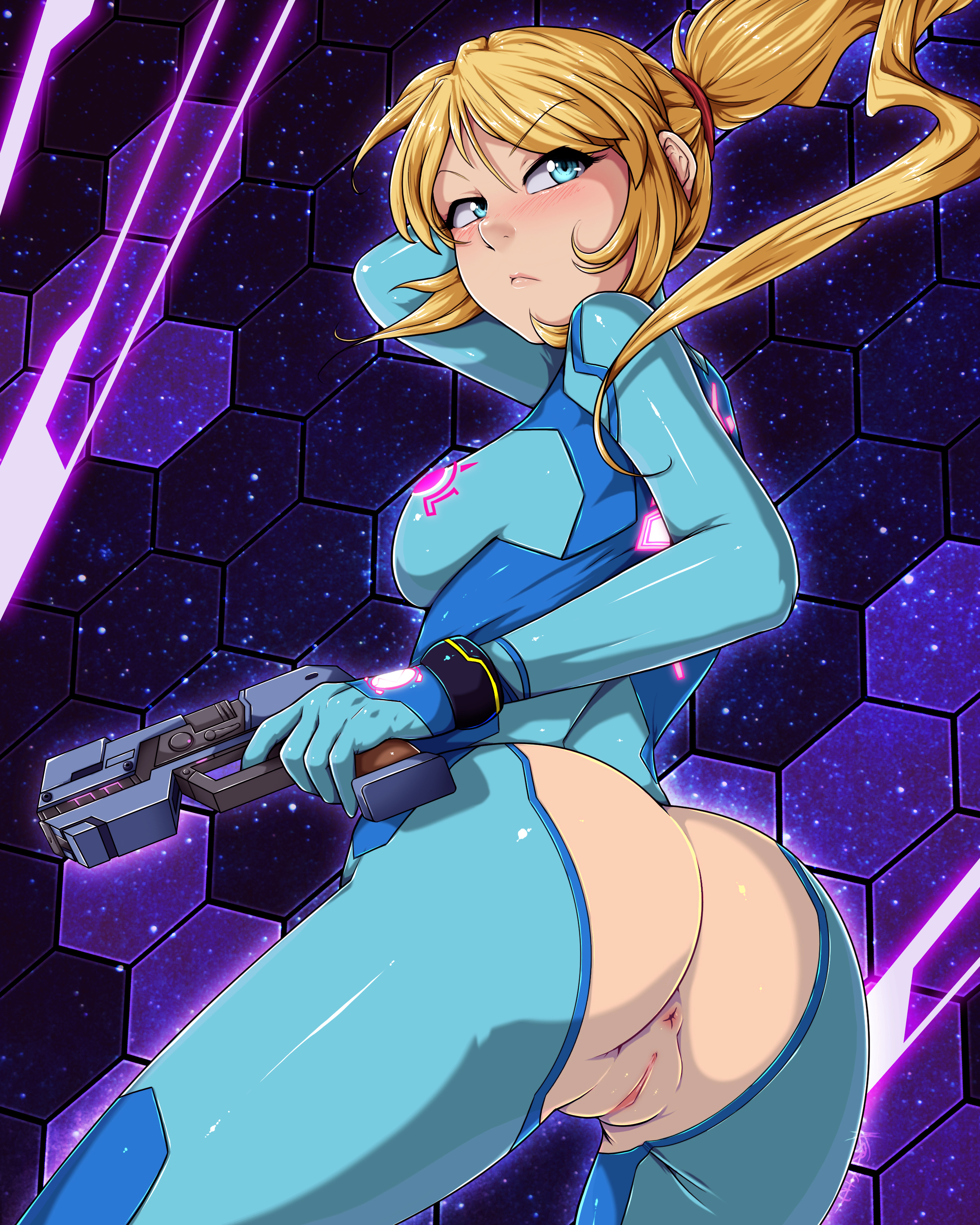 animeflux, ass, ass focus, bare ass, blonde hair, blue eyes, blush, bodysuit, breasts, casual, clothing, curvaceous, female, female only, firearm, from behind, gun, handgun, high resolution, hourglass figure, huge ass, human, large breasts, light skin, light-skinned female, lipgloss, looking back, metroid, pale skin, pistol, ponytail, pussy, samus aran, shiny, shiny clothes, sideboob, skin tight, solo, thick thighs, thighs, third-party edit, tied hair, uncensored, uncensored vagina, vagina, very high resolution, weapon, wide hips, zero suit, zero suit samus