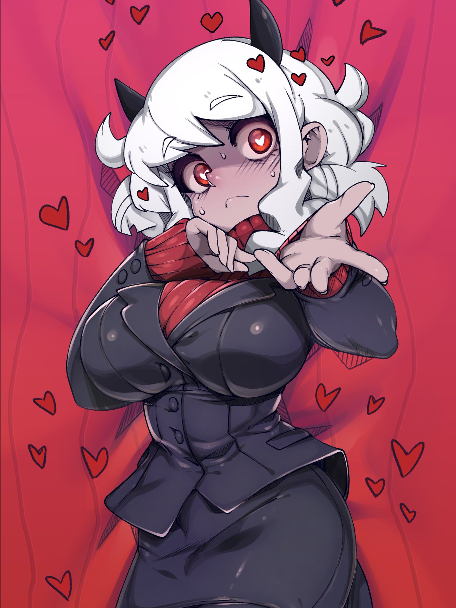 big breasts, breasts, busty, demon, demon girl, female, heart-shaped pupils, helltaker, horns, modeus (helltaker), slugbox, solo, solo female, suit, white hair