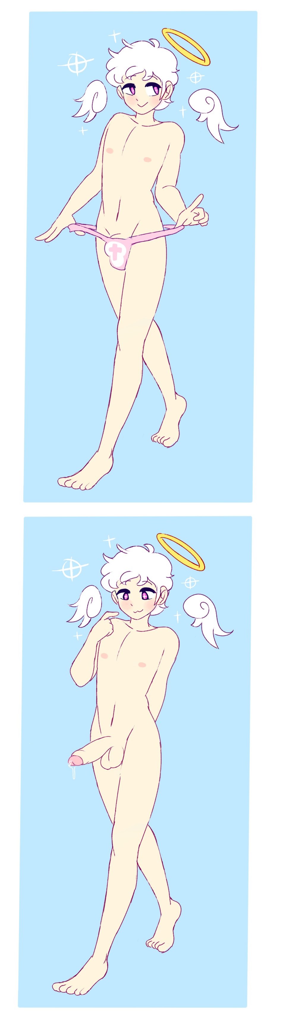 :3, 1boy, adorable, amaruu, angel, balls, balls in panties, cute, erect penis, erection, femboy, gay, girly, halo, looking down, looking to the side, male, male only, naked, nude, nude male, pale skin, panties, penis, pink eyes, pink panties, precum, precum drip, white hair, wholesome, wings, yaoi