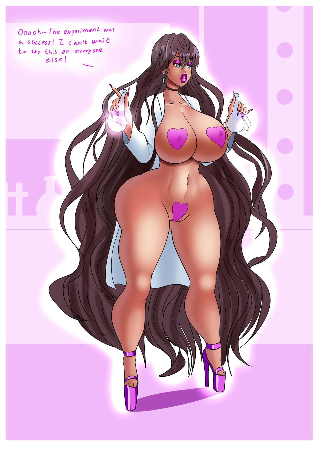 1girls, annon, bimbo, breasts, brown hair, choker, dialogue, earrings, erect nipples, eyeshadow, female, female only, high heels, labcoat, large breasts, lipstick, long hair, makeup, mind control, nail polish, nipples, original, original character, pasties, purple eyeshadow, purple lipstick, purple makeup, purple nails, smile, solo, text, transformation