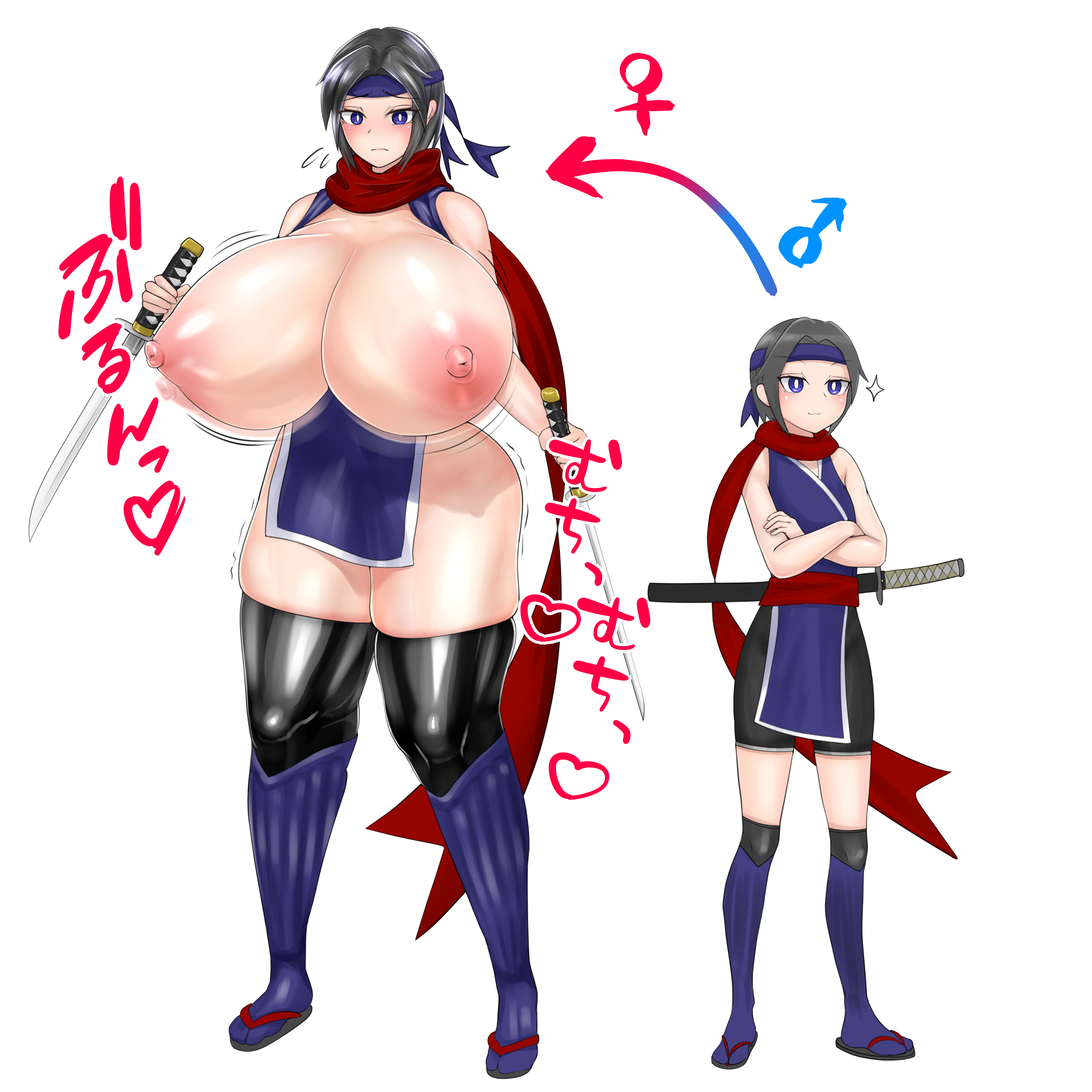 ass, ass expansion, before and after, black hair, blue eyes, blush, blushing, breast expansion, breast growth, breast growth (enlargement), breasts, child bearing hips, embarrassed, erect nipples, exposed breasts, female, gender transformation, genderswap, headband, holding weapon, huge ass, huge breasts, jiggle, katana, larger female, male, mtf transformation, nervous, ninja, nipples, ohitsuji, original, red scarf, rule 63, scarf, shiny skin, shivering, short hair, skindentation, smaller male, smooth skin, thick thighs, thigh expansion, thighhighs, tight clothes, tight clothing, topless, transformation, wide hips