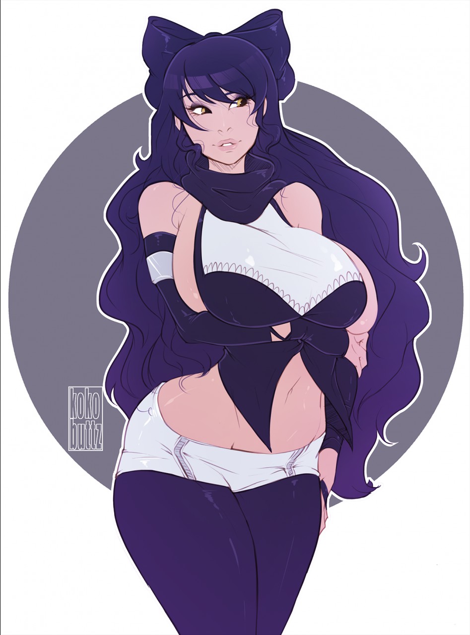 big breasts, blake belladonna, bow, breasts, clothed, dark blue hair, female, kokobuttz, rwby, sideboob, skimpy clothes, yellow eyes